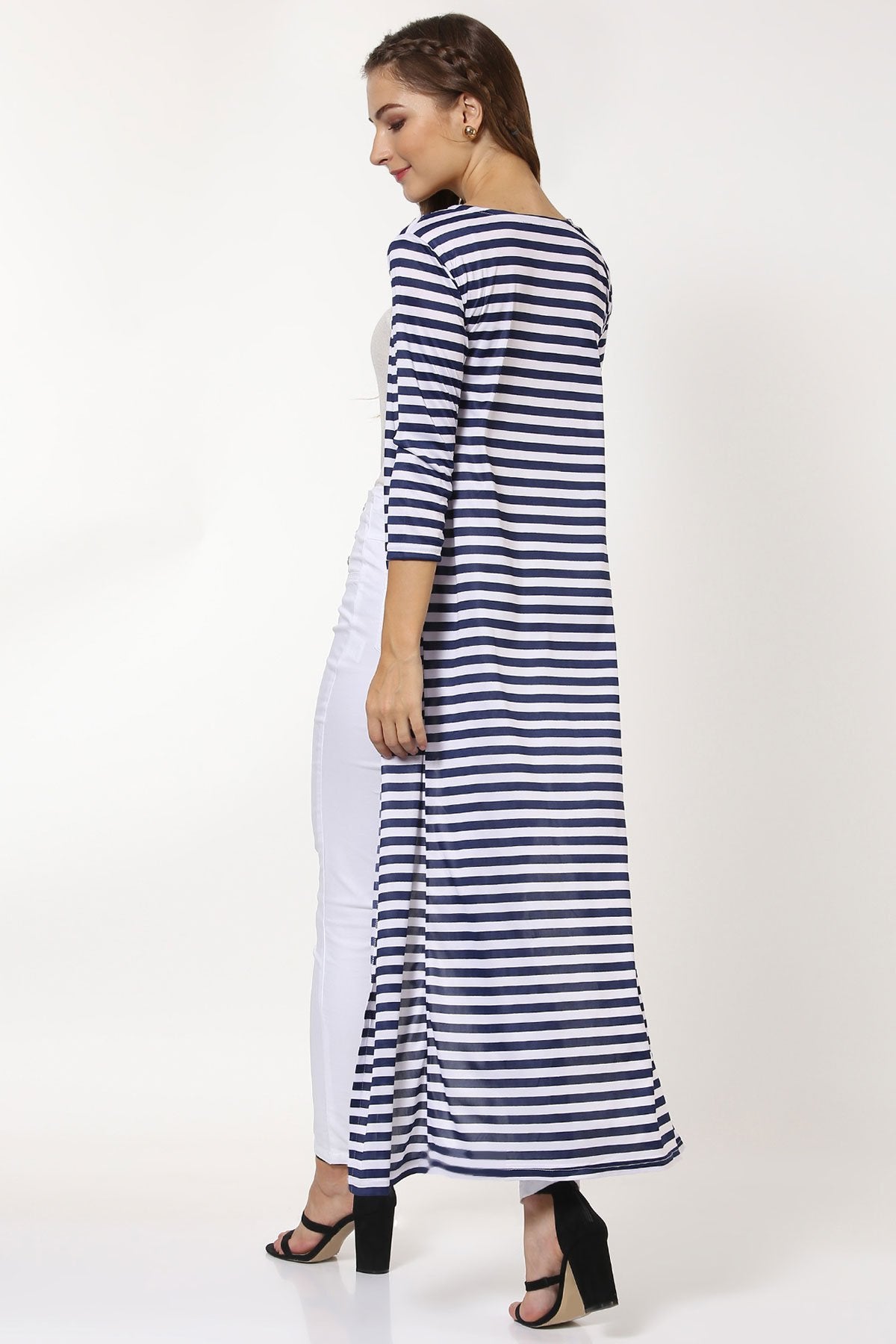 Women's Navy Stripes Longline Shrug - SASSAFRAS