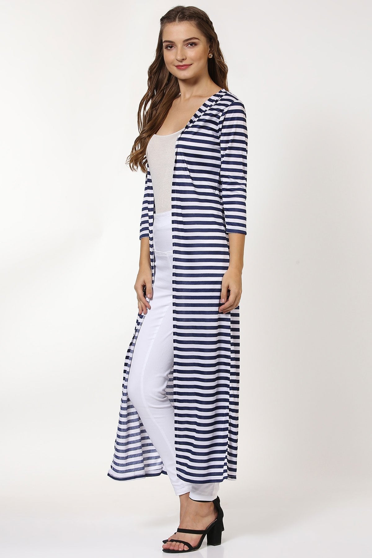 Women's Navy Stripes Longline Shrug - SASSAFRAS