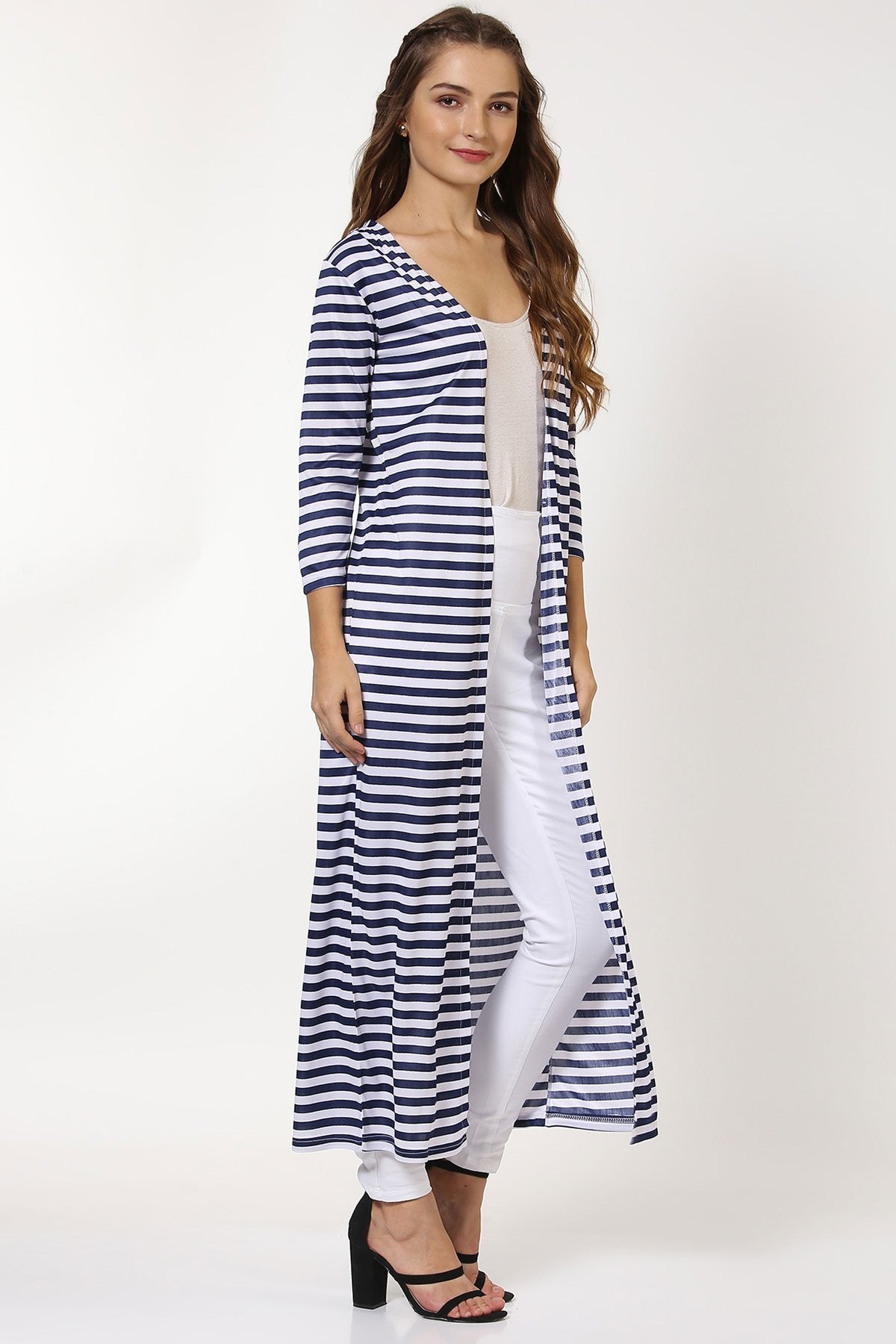 Women's Navy Stripes Longline Shrug - SASSAFRAS