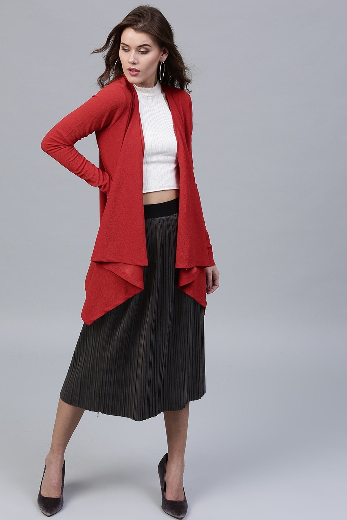 Women's Red Shawl Collar Shrug - SASSAFRAS