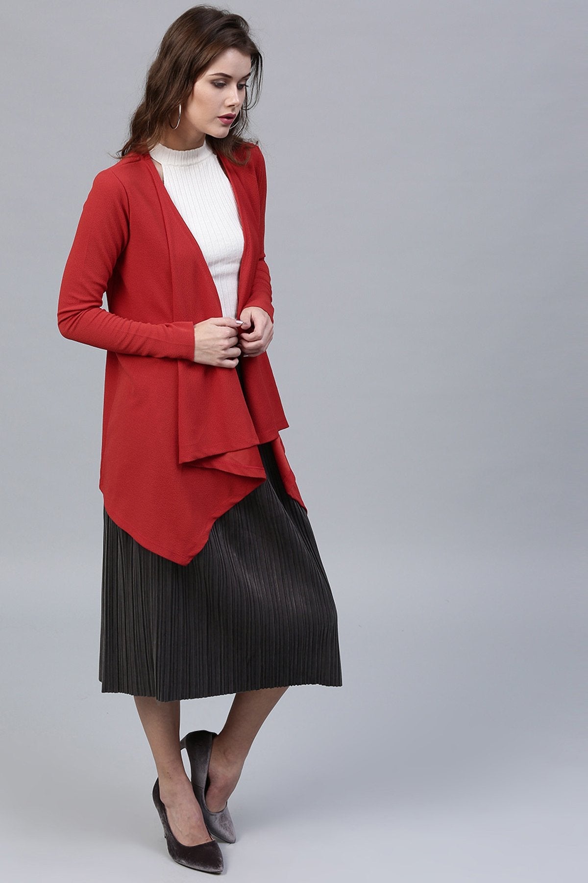 Women's Red Shawl Collar Shrug - SASSAFRAS