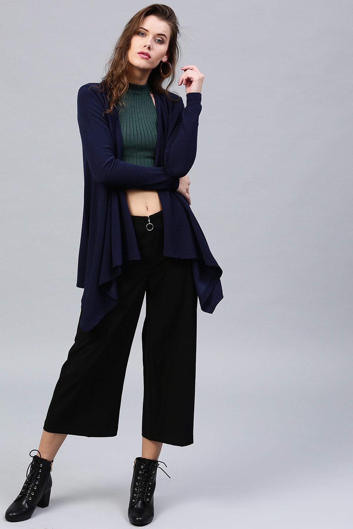 Women's Navy Shawl Collar Shrug - SASSAFRAS