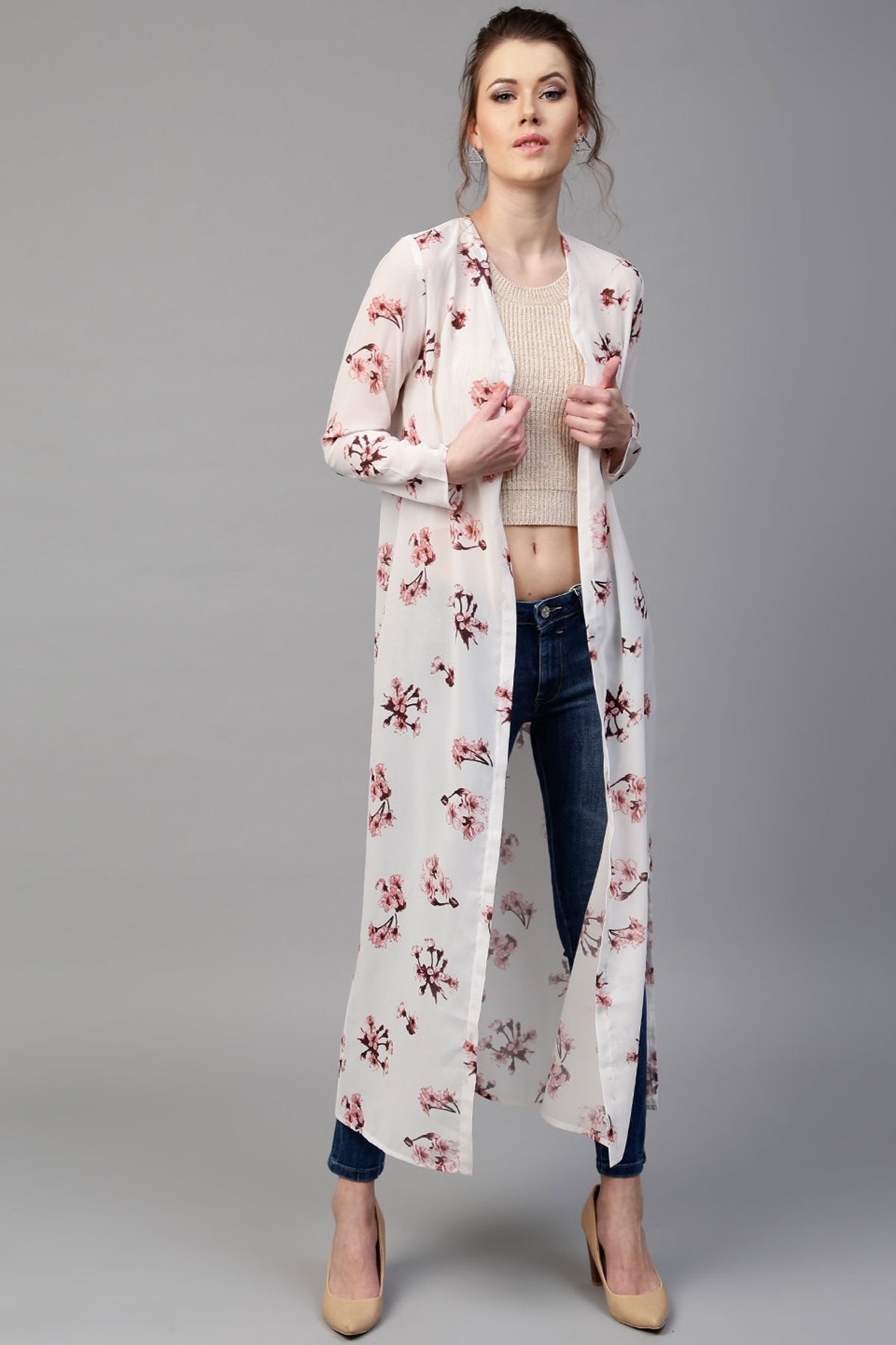 Women's Ivory Floral Longline Shrug - SASSAFRAS