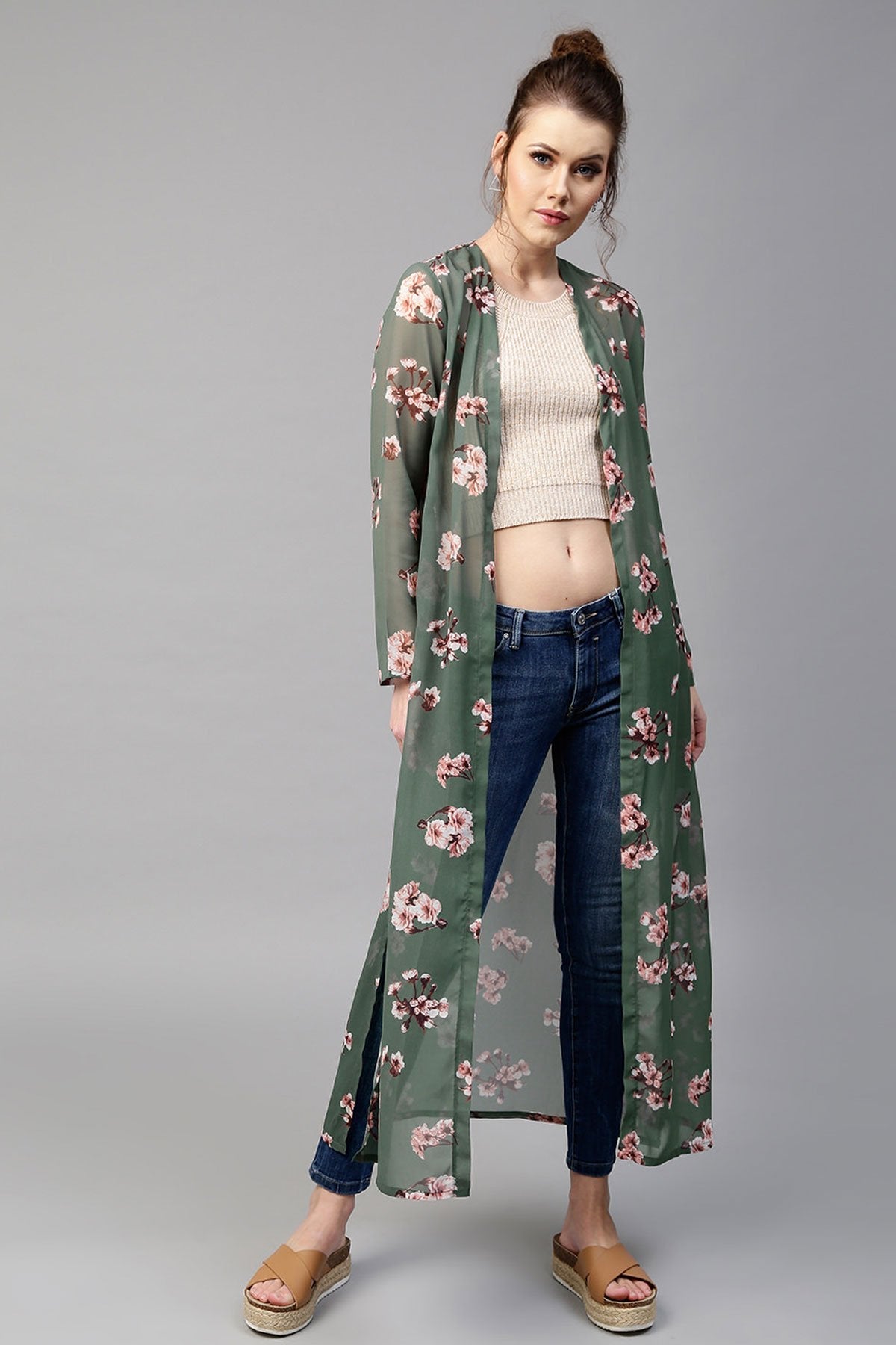 Women's Green Floral Longline Shrug - SASSAFRAS