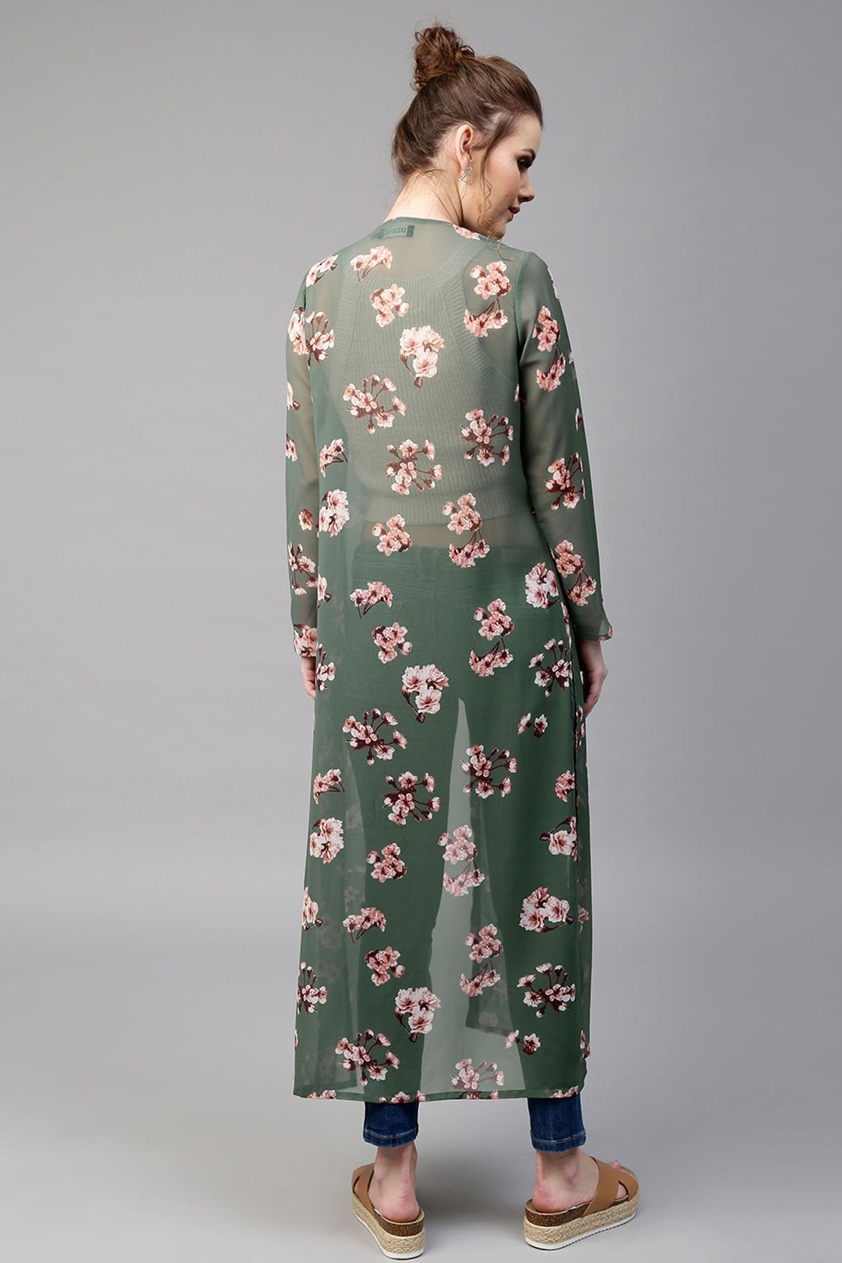 Women's Green Floral Longline Shrug - SASSAFRAS