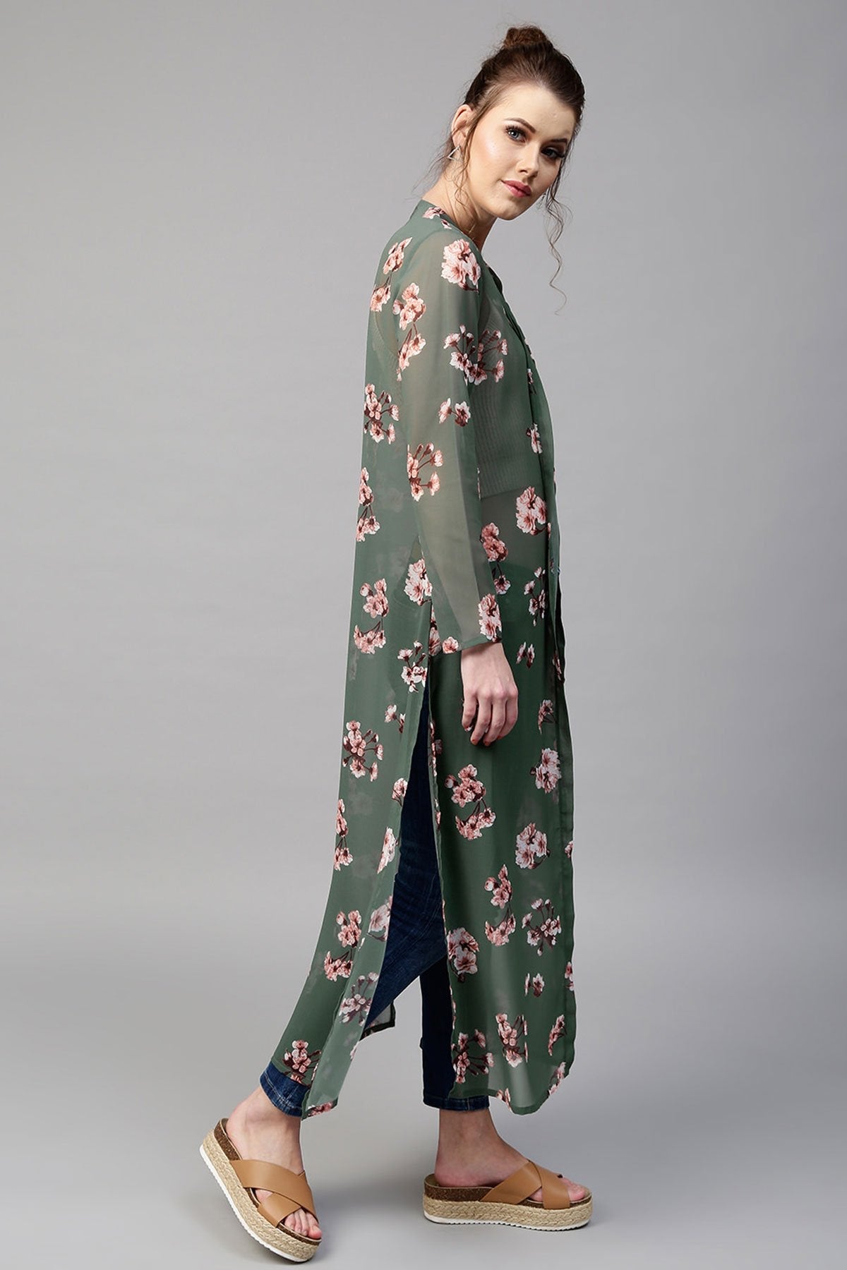 Women's Green Floral Longline Shrug - SASSAFRAS