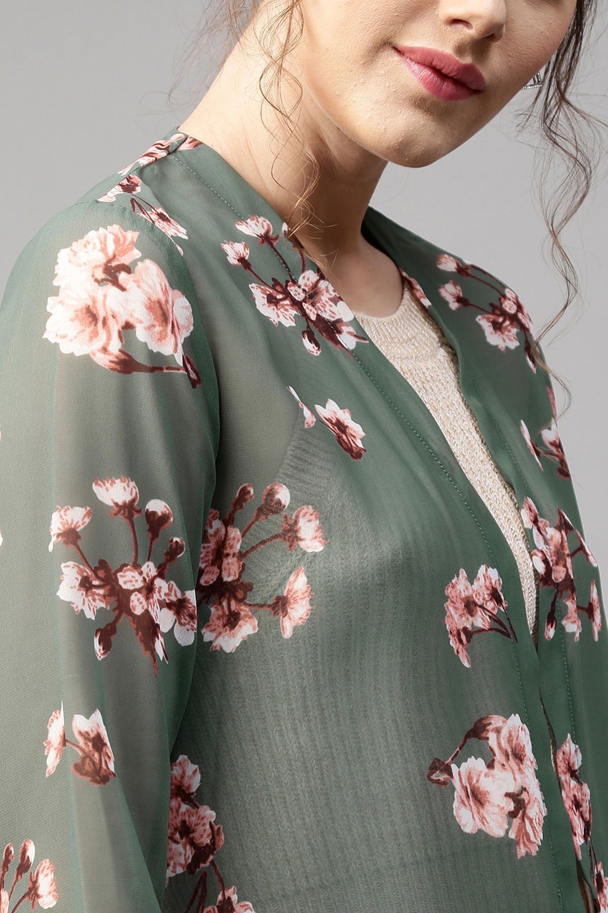 Women's Green Floral Longline Shrug - SASSAFRAS