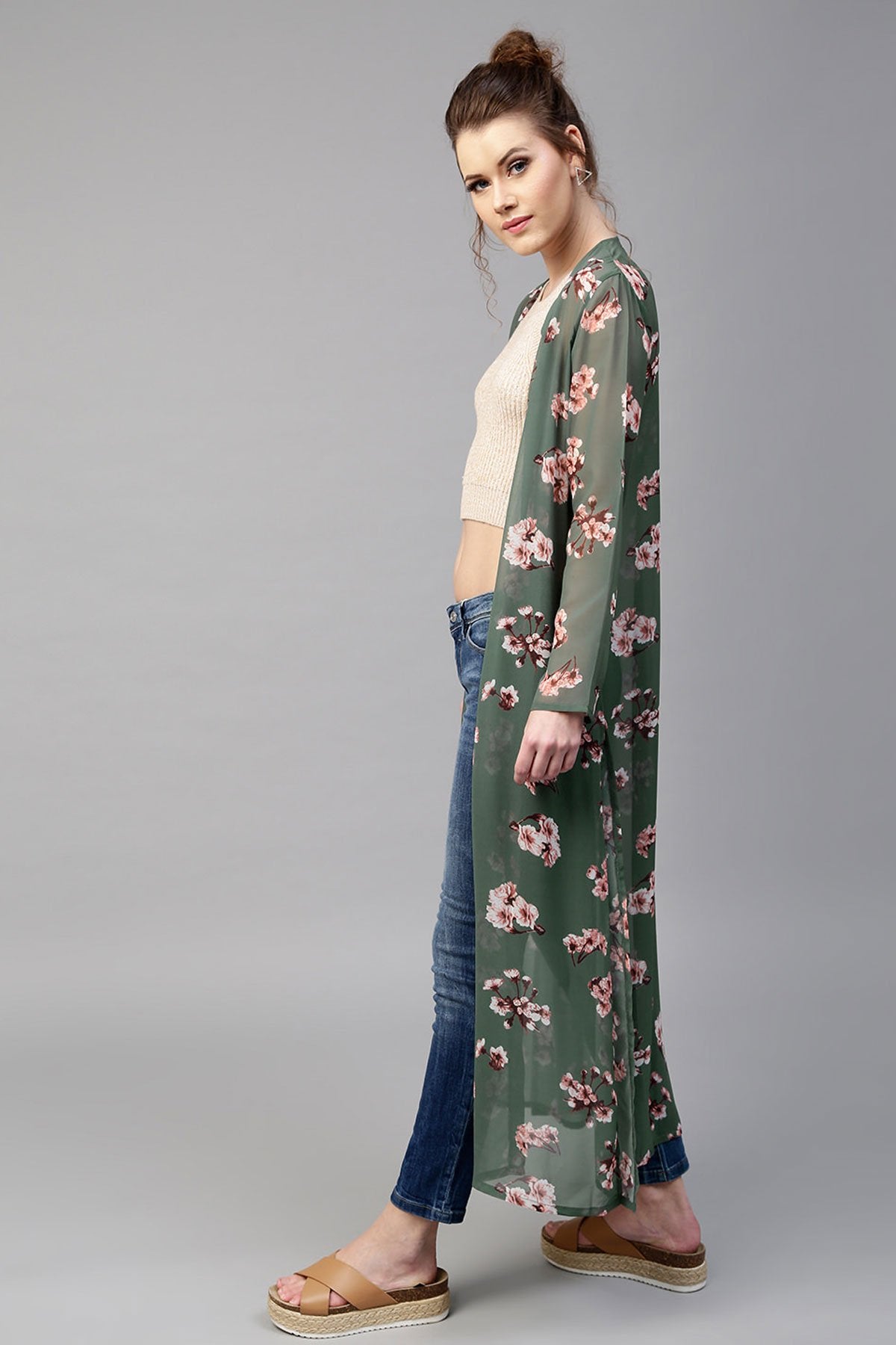 Women's Green Floral Longline Shrug - SASSAFRAS