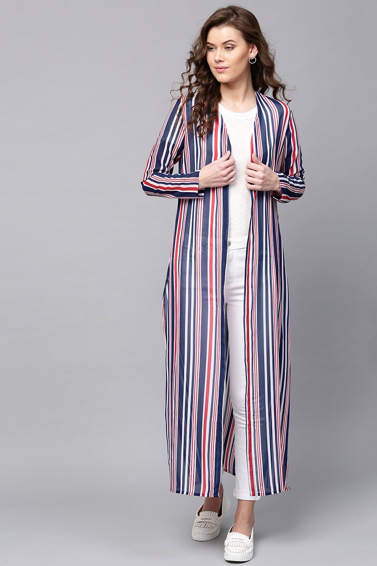 Women's Navy & Red Stripes Longline Shrug - SASSAFRAS