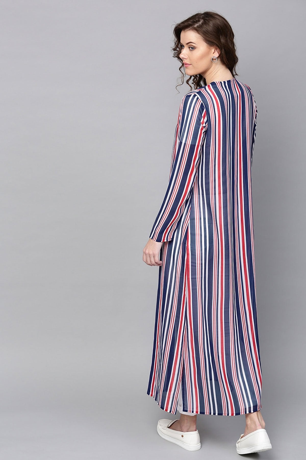 Women's Navy & Red Stripes Longline Shrug - SASSAFRAS