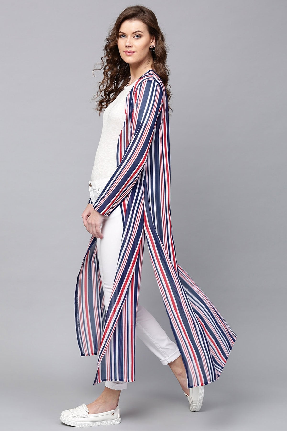 Women's Navy & Red Stripes Longline Shrug - SASSAFRAS