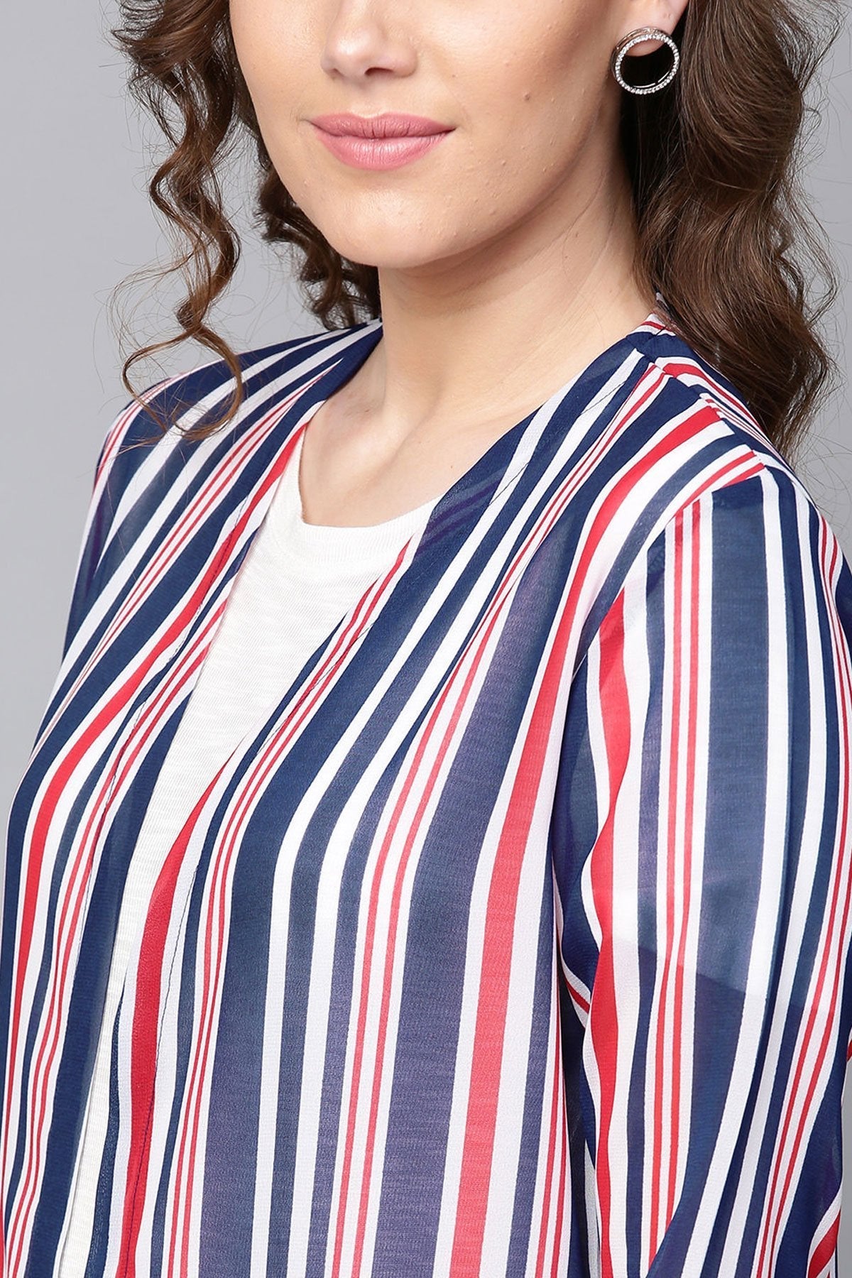 Women's Navy & Red Stripes Longline Shrug - SASSAFRAS