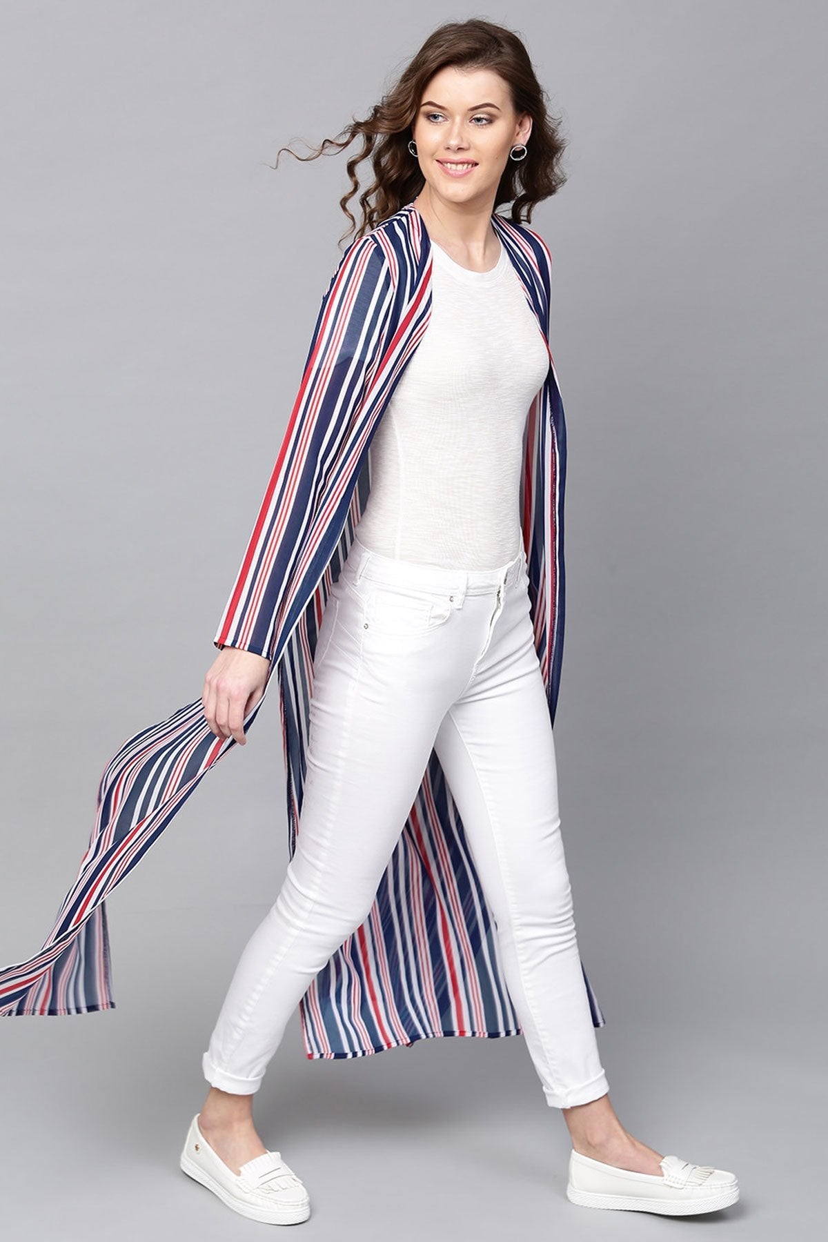 Women's Navy & Red Stripes Longline Shrug - SASSAFRAS