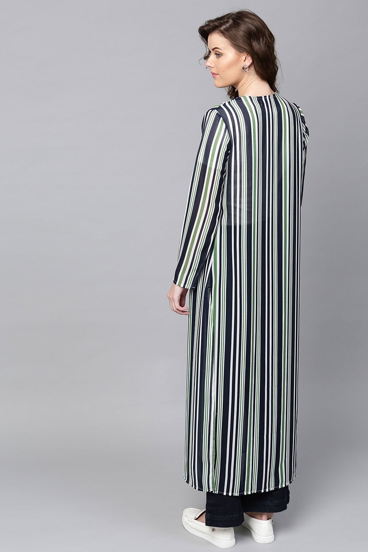 Women's Navy & Dark Green Stripes Longline Shrug - SASSAFRAS