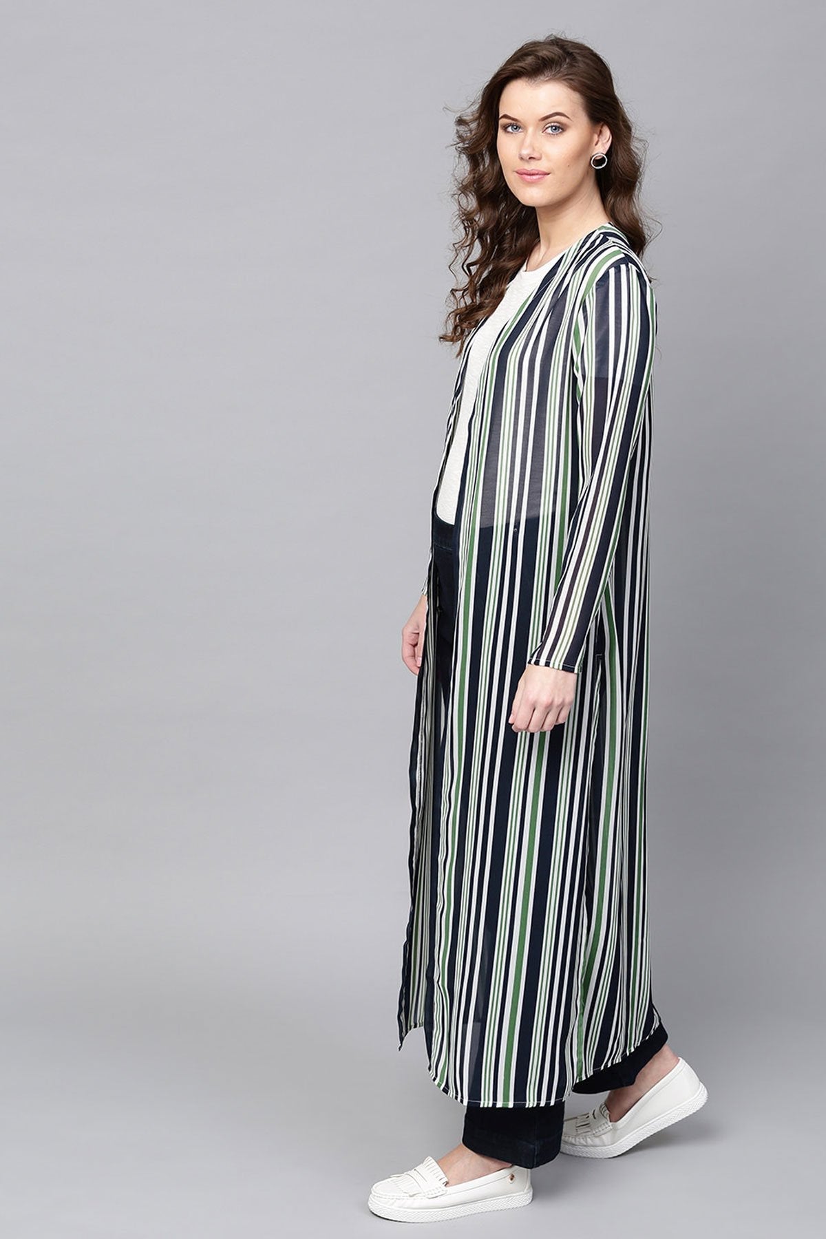 Women's Navy & Dark Green Stripes Longline Shrug - SASSAFRAS