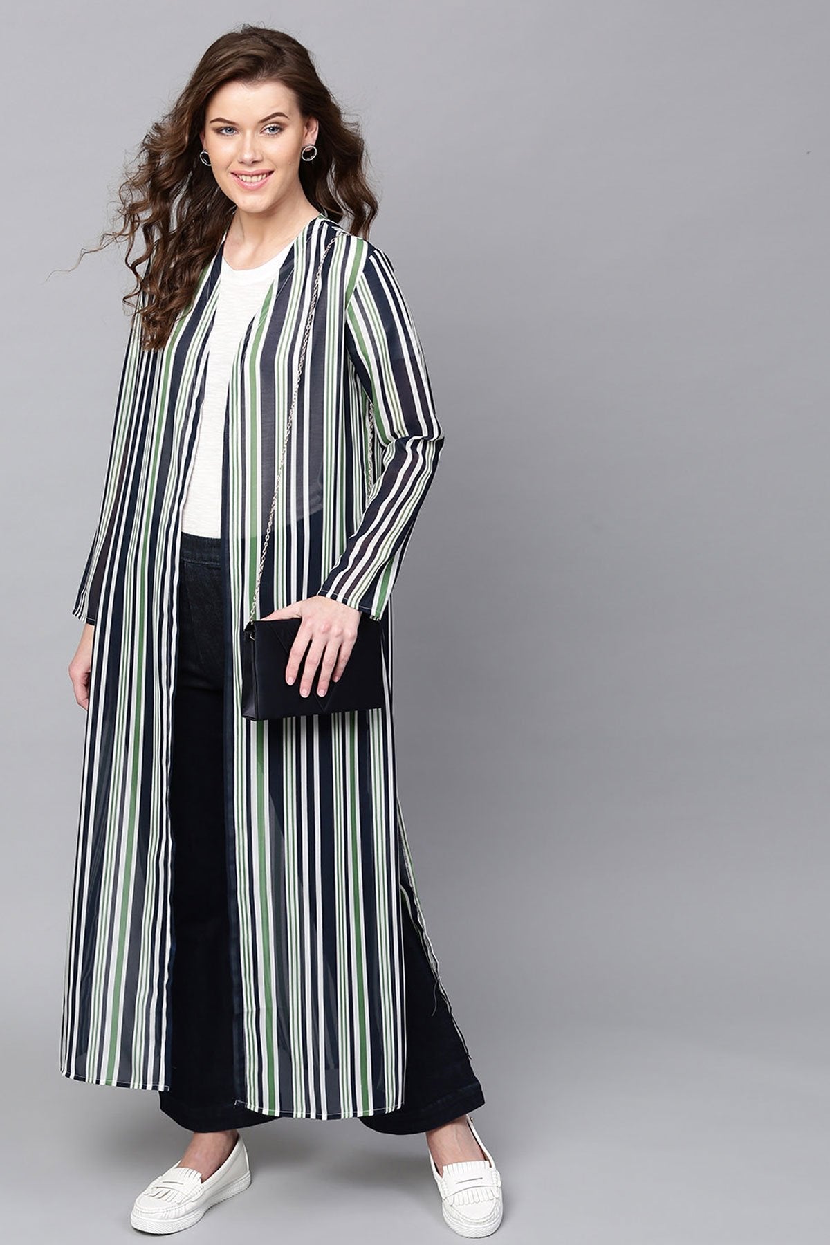 Women's Navy & Dark Green Stripes Longline Shrug - SASSAFRAS