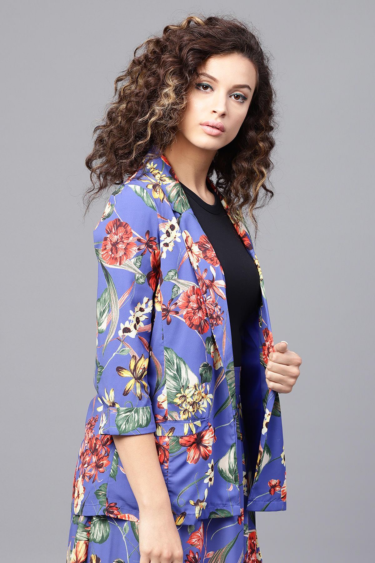 Women's Blue Floral Front Open Blazer - SASSAFRAS