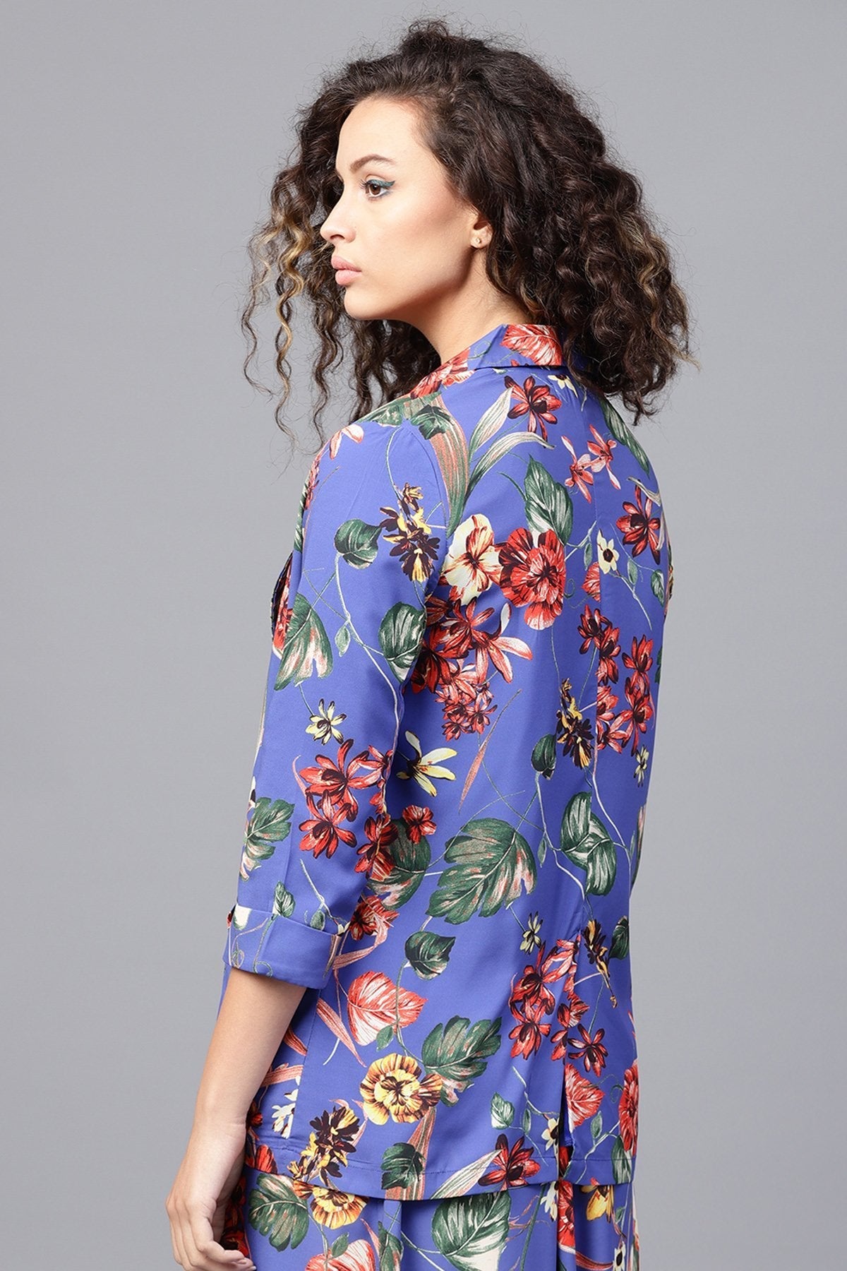 Women's Blue Floral Front Open Blazer - SASSAFRAS