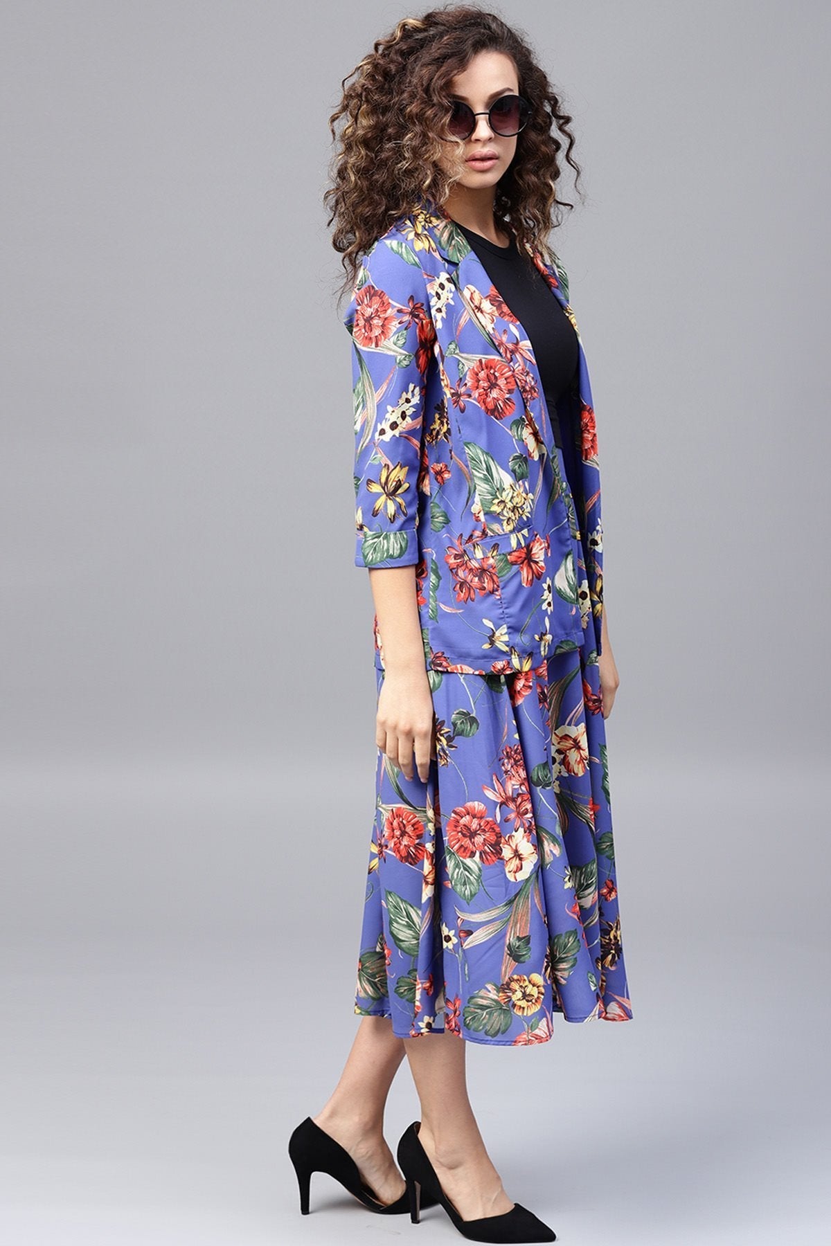 Women's Blue Floral Front Open Blazer - SASSAFRAS