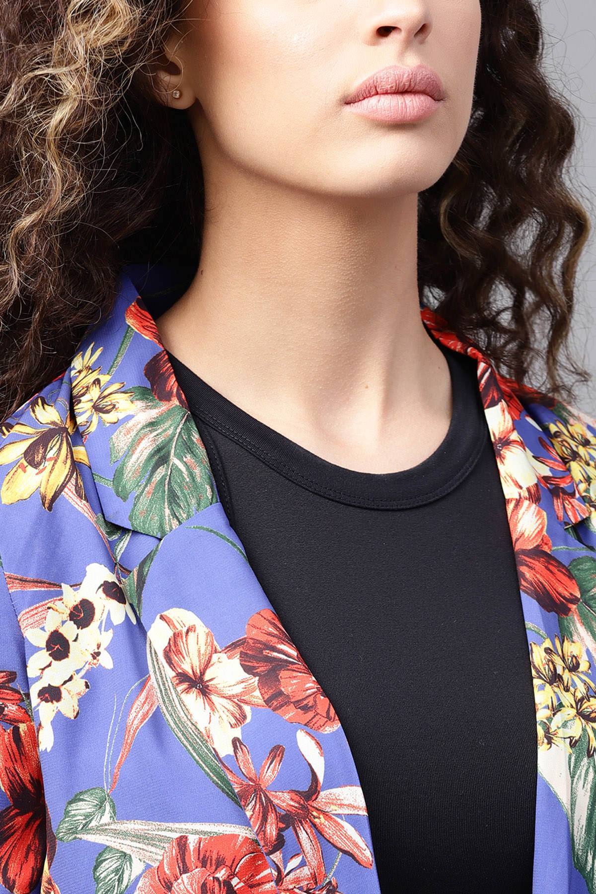 Women's Blue Floral Front Open Blazer - SASSAFRAS