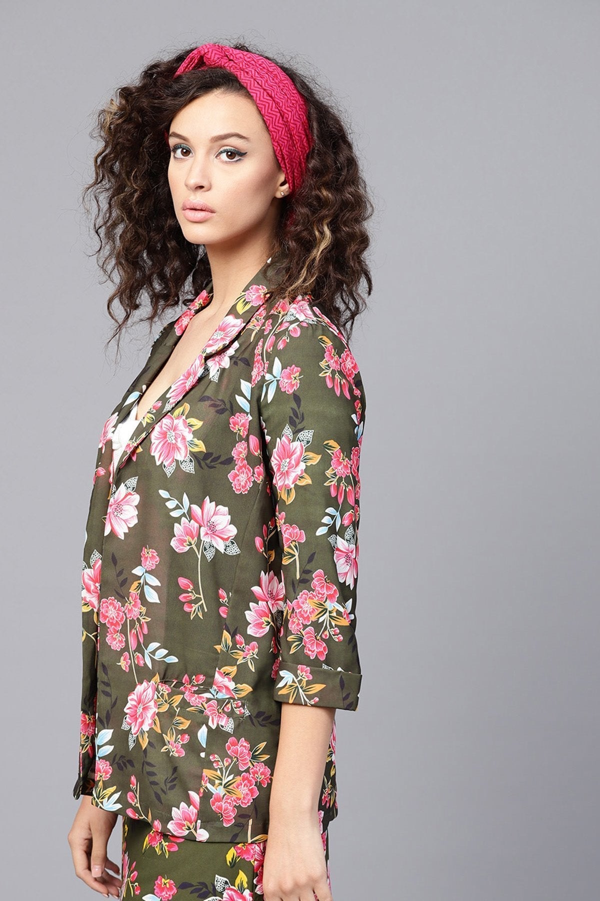 Women's Olive Floral Front Open Blazer - SASSAFRAS