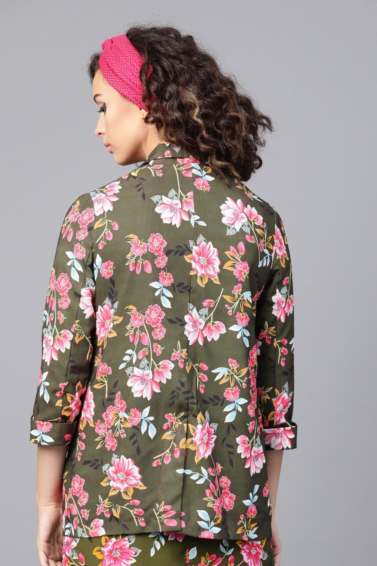 Women's Olive Floral Front Open Blazer - SASSAFRAS