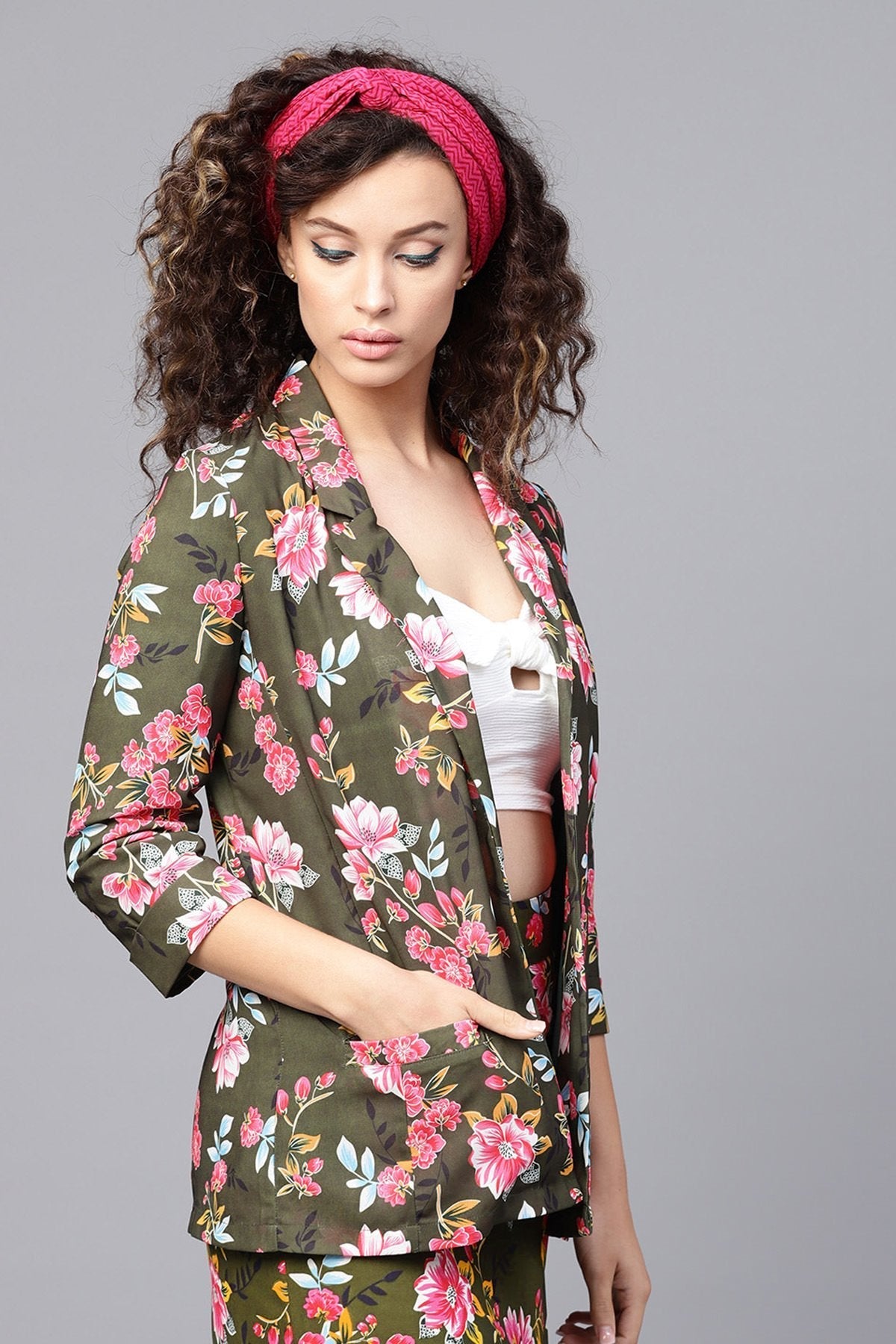 Women's Olive Floral Front Open Blazer - SASSAFRAS