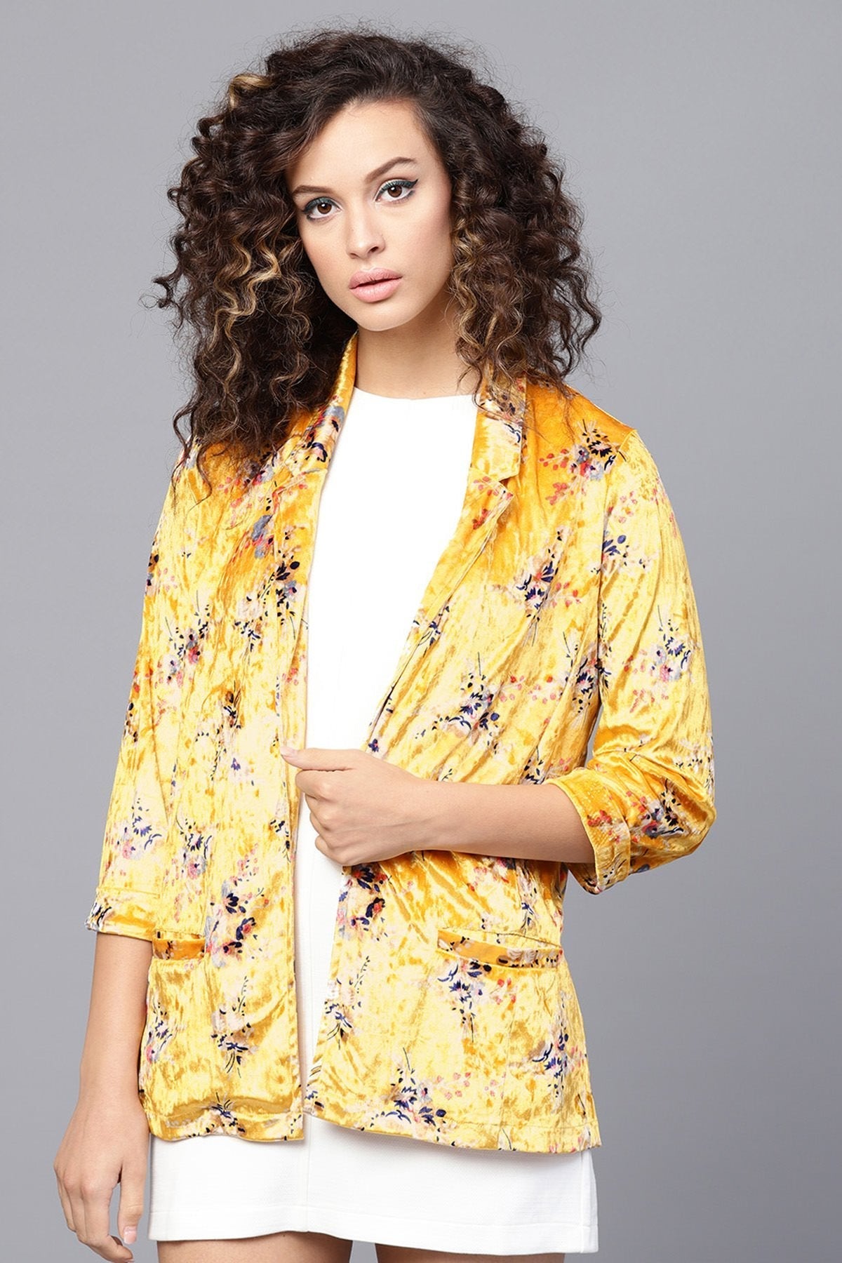 Women's Mustard Floral Velvet Blazer - SASSAFRAS