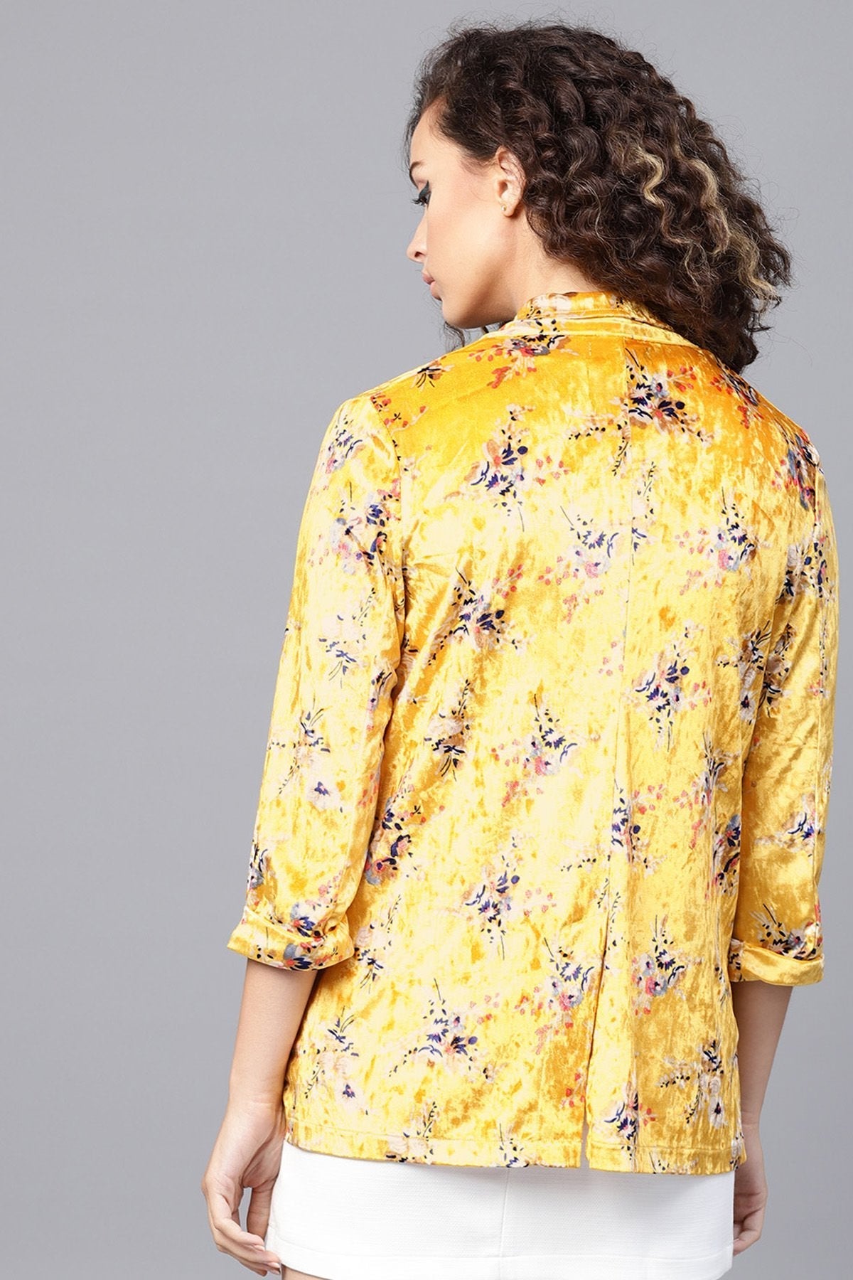 Women's Mustard Floral Velvet Blazer - SASSAFRAS