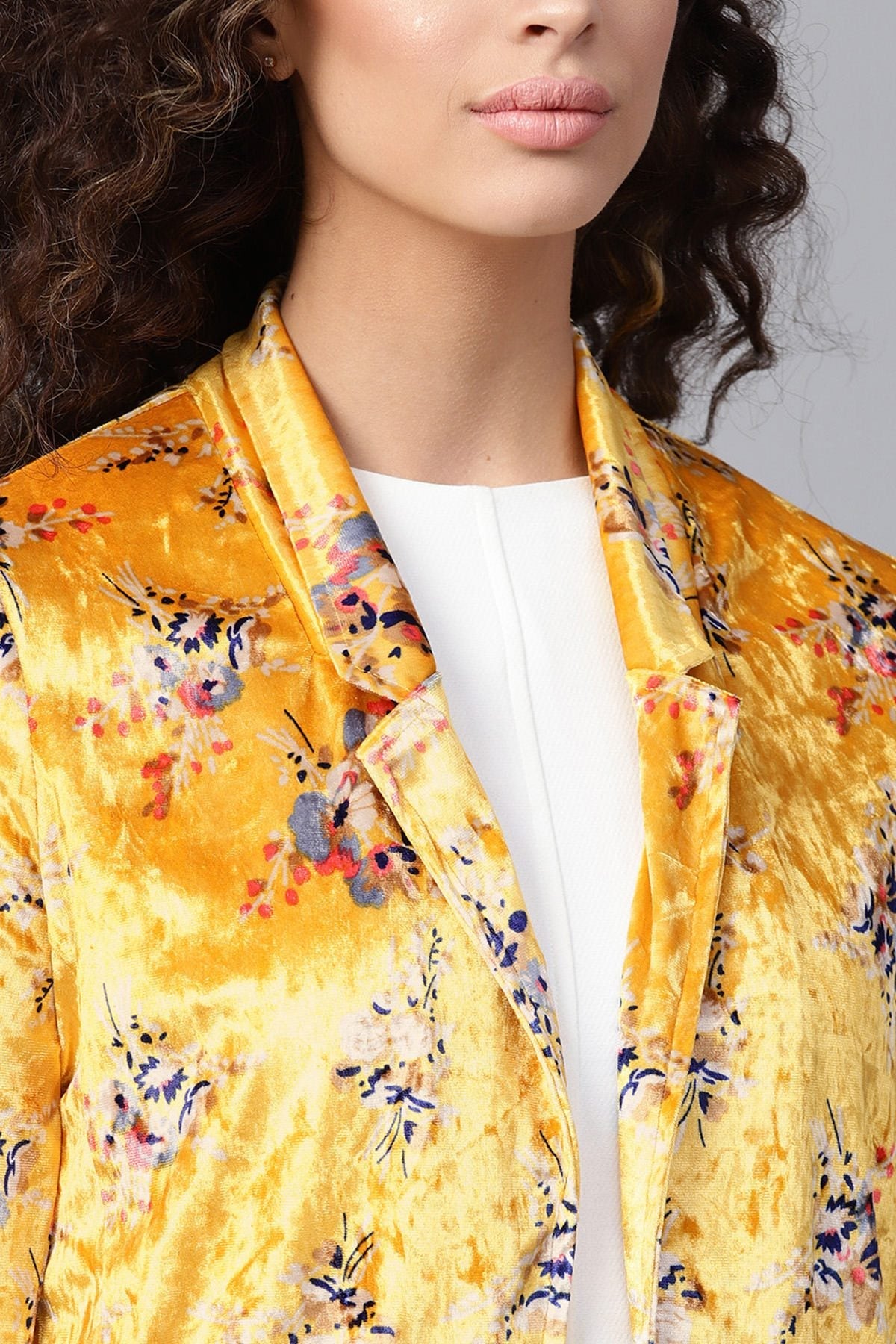 Women's Mustard Floral Velvet Blazer - SASSAFRAS