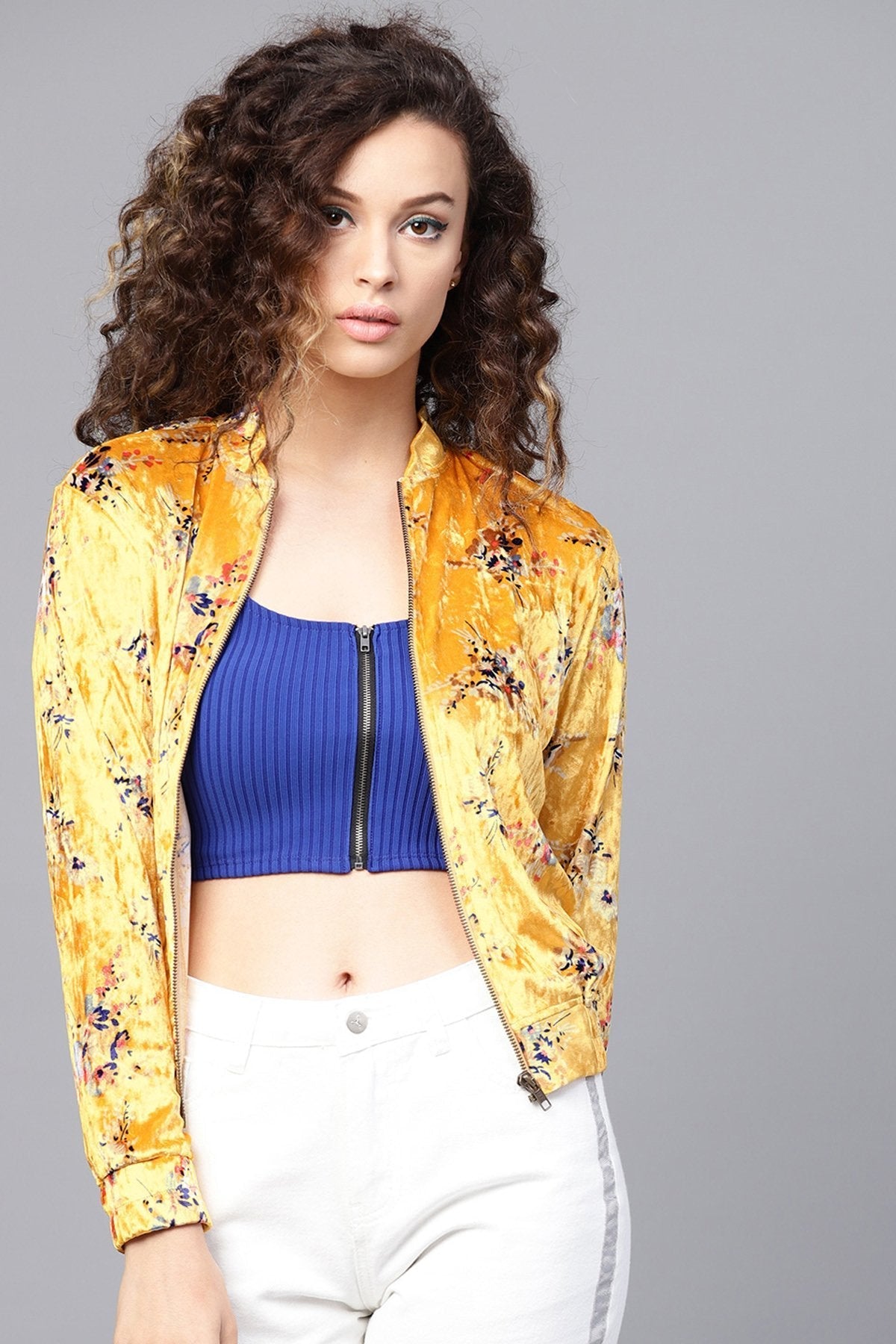 Women's Mustard Floral Velvet Bomber Jacket - SASSAFRAS