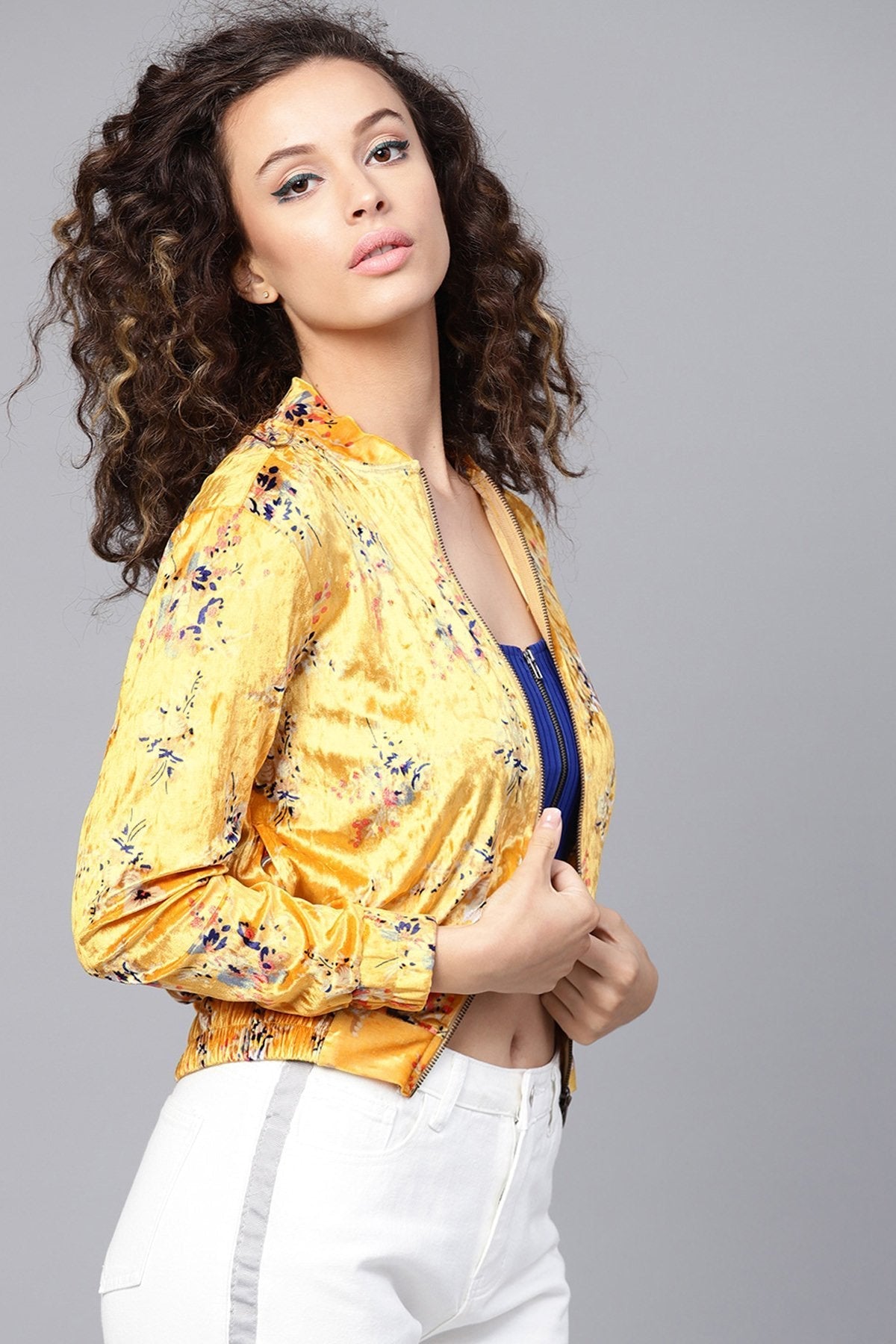 Women's Mustard Floral Velvet Bomber Jacket - SASSAFRAS