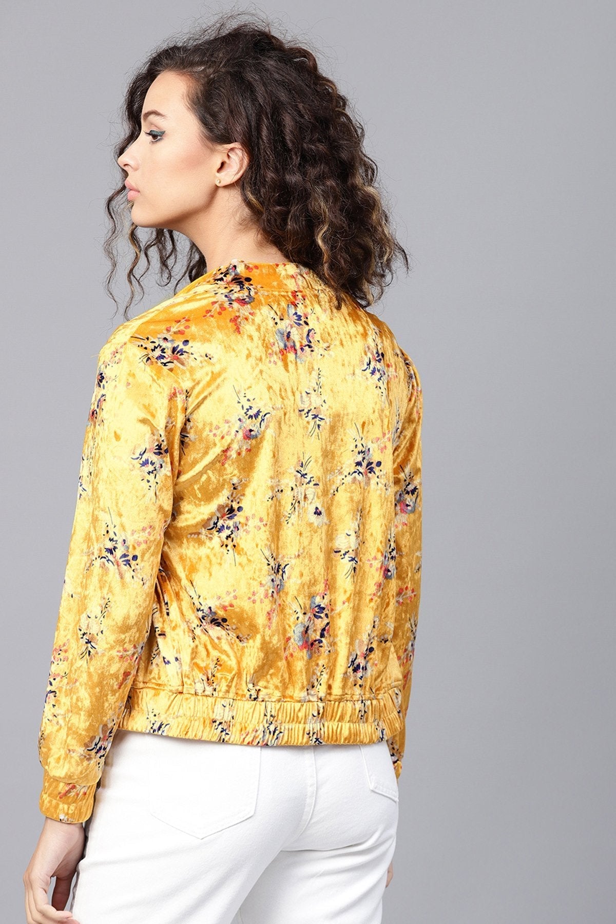 Women's Mustard Floral Velvet Bomber Jacket - SASSAFRAS