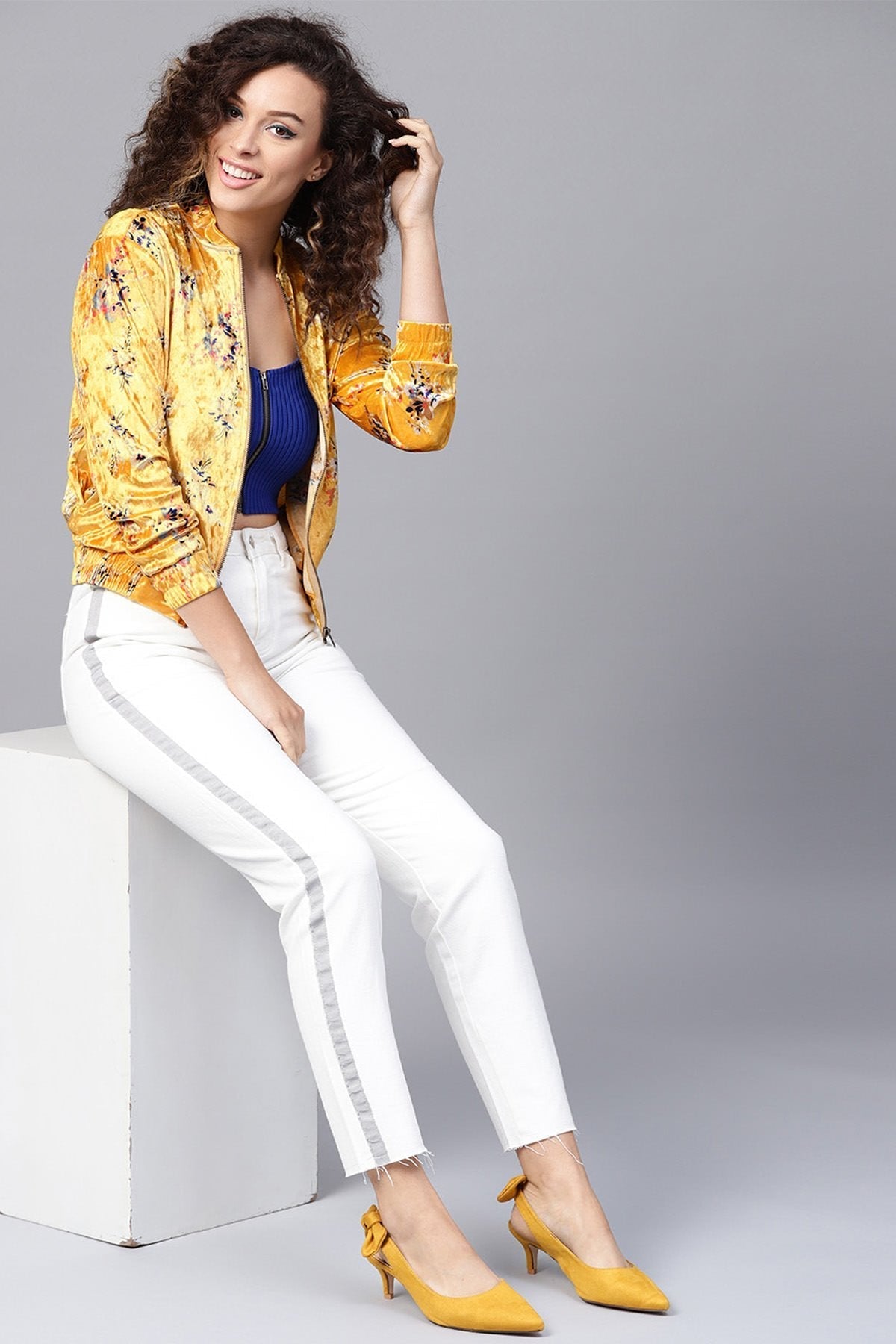 Women's Mustard Floral Velvet Bomber Jacket - SASSAFRAS