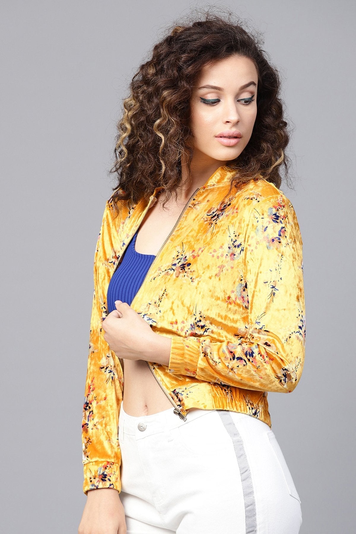 Women's Mustard Floral Velvet Bomber Jacket - SASSAFRAS