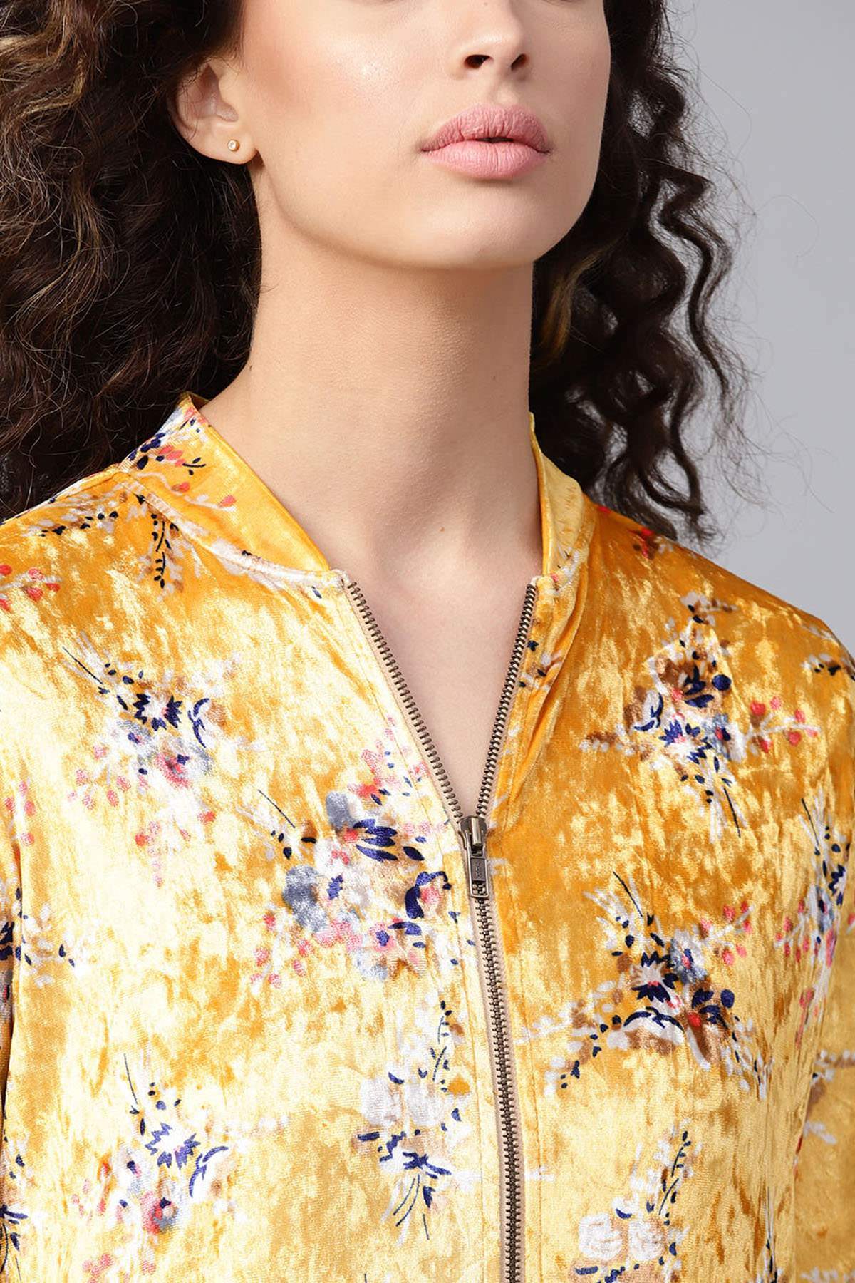 Women's Mustard Floral Velvet Bomber Jacket - SASSAFRAS