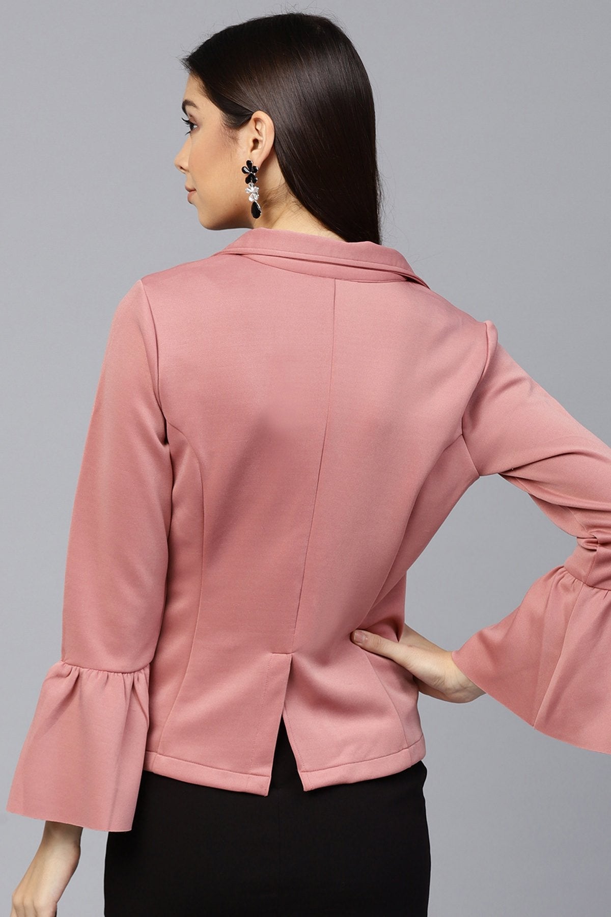 Women's Pink Scuba Ruffle Sleeve Blazer - SASSAFRAS