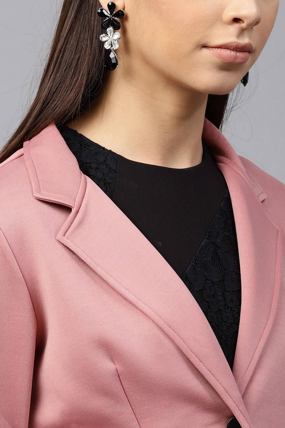 Women's Pink Scuba Ruffle Sleeve Blazer - SASSAFRAS