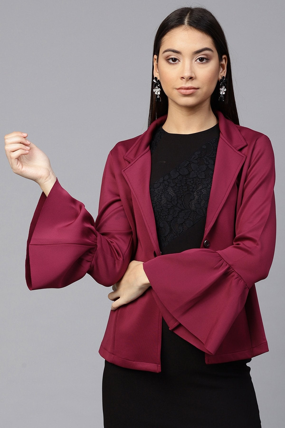 Women's Burgundy Scuba Ruffle Sleeve Blazer - SASSAFRAS