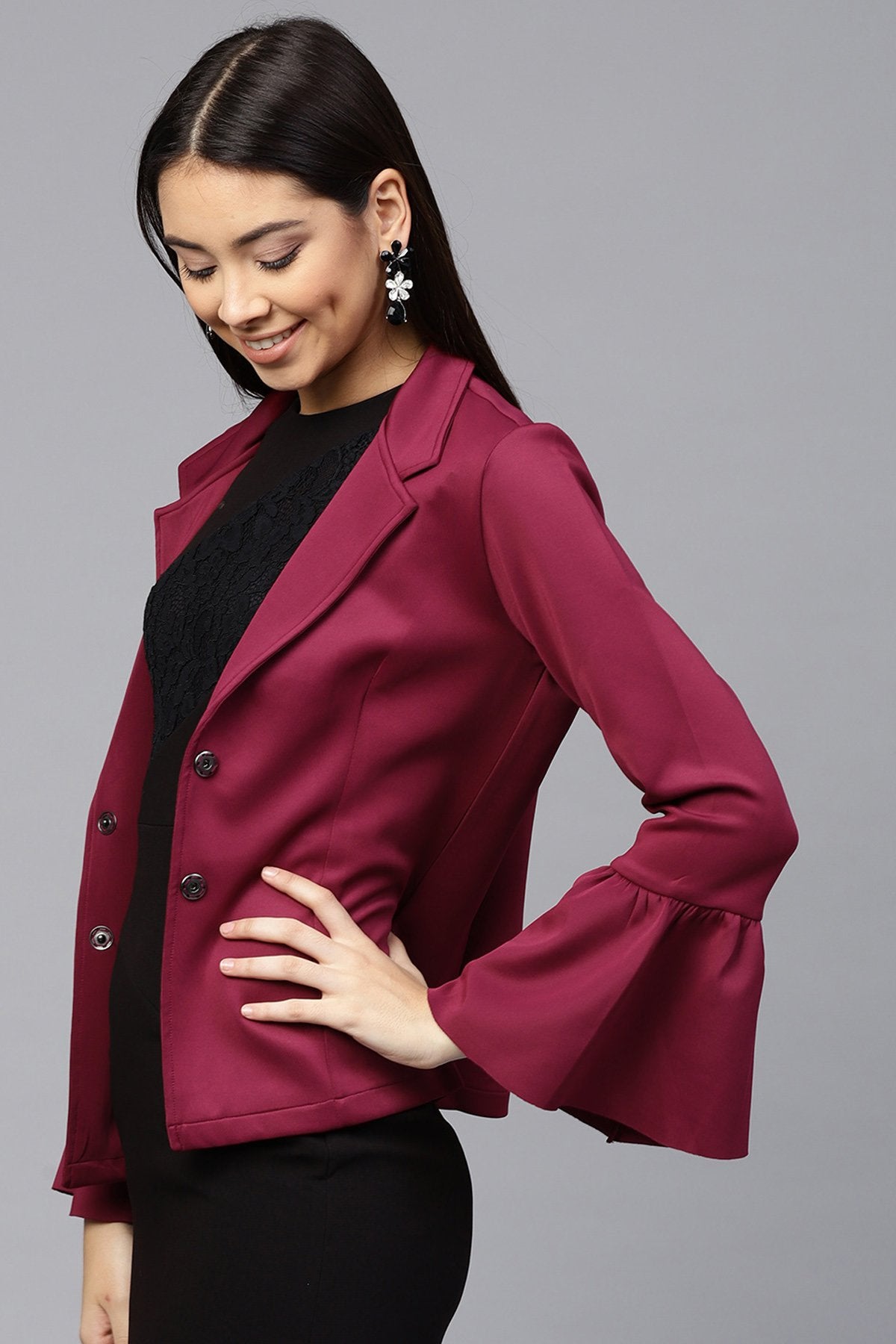 Women's Burgundy Scuba Ruffle Sleeve Blazer - SASSAFRAS