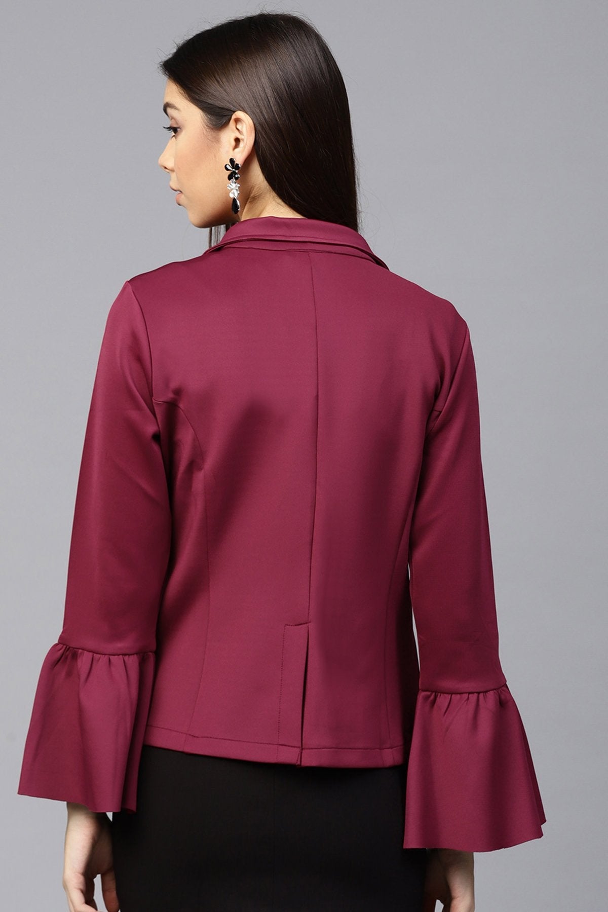 Women's Burgundy Scuba Ruffle Sleeve Blazer - SASSAFRAS