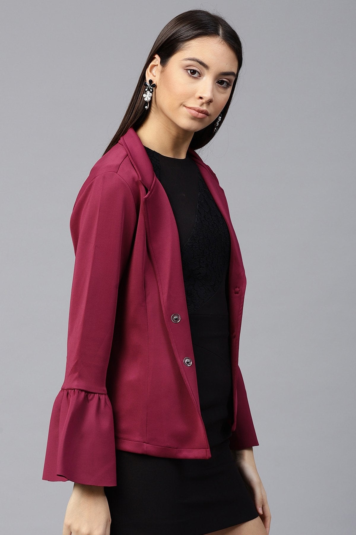 Women's Burgundy Scuba Ruffle Sleeve Blazer - SASSAFRAS