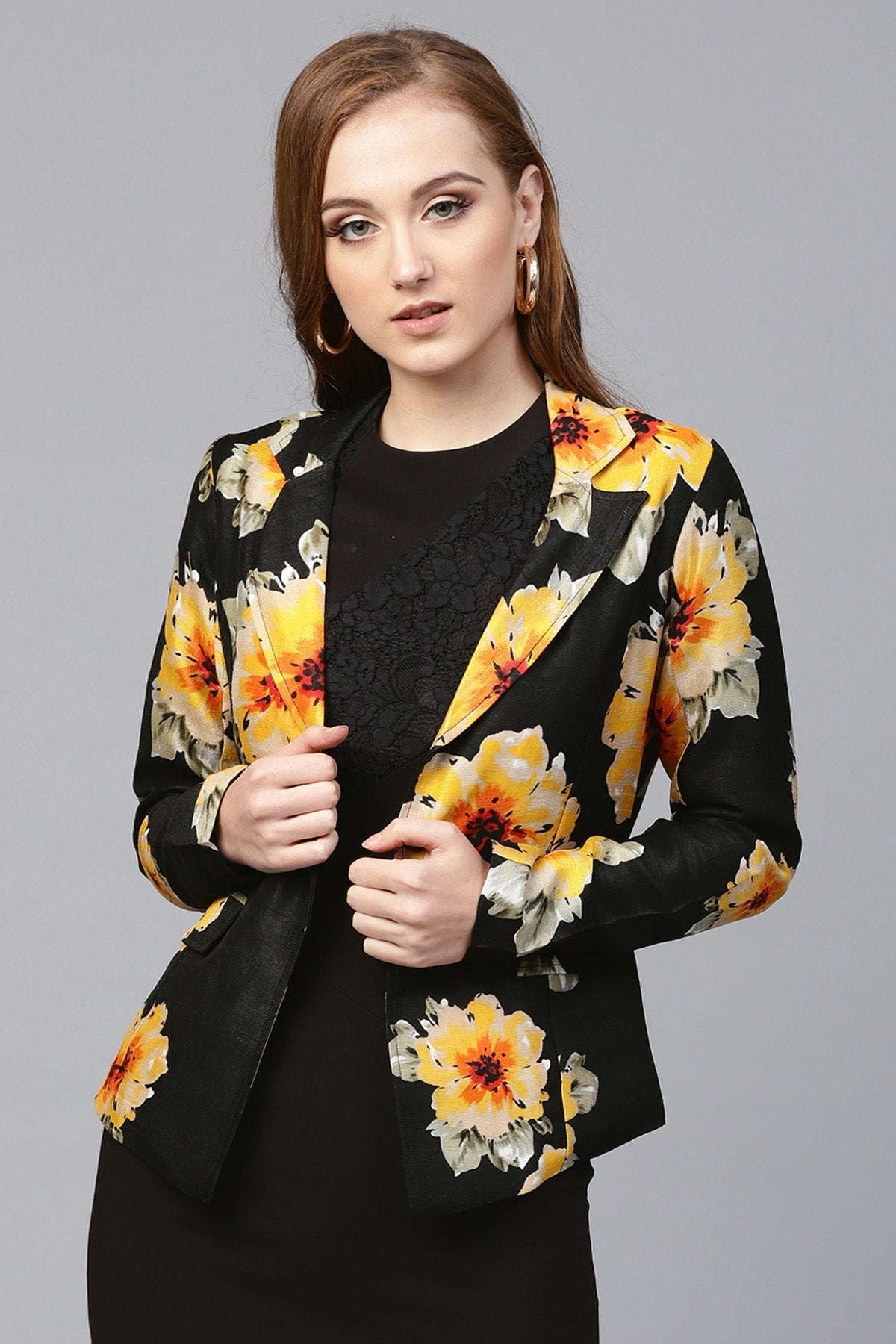 Women's Black Floral Silk Blazer - SASSAFRAS