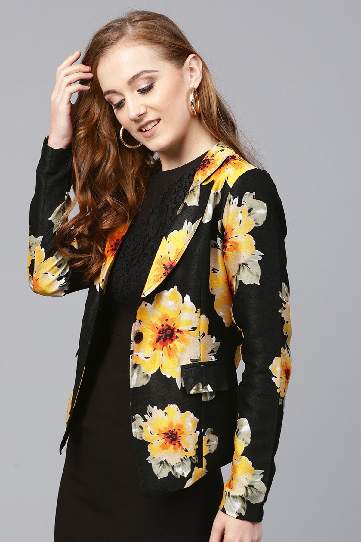 Women's Black Floral Silk Blazer - SASSAFRAS