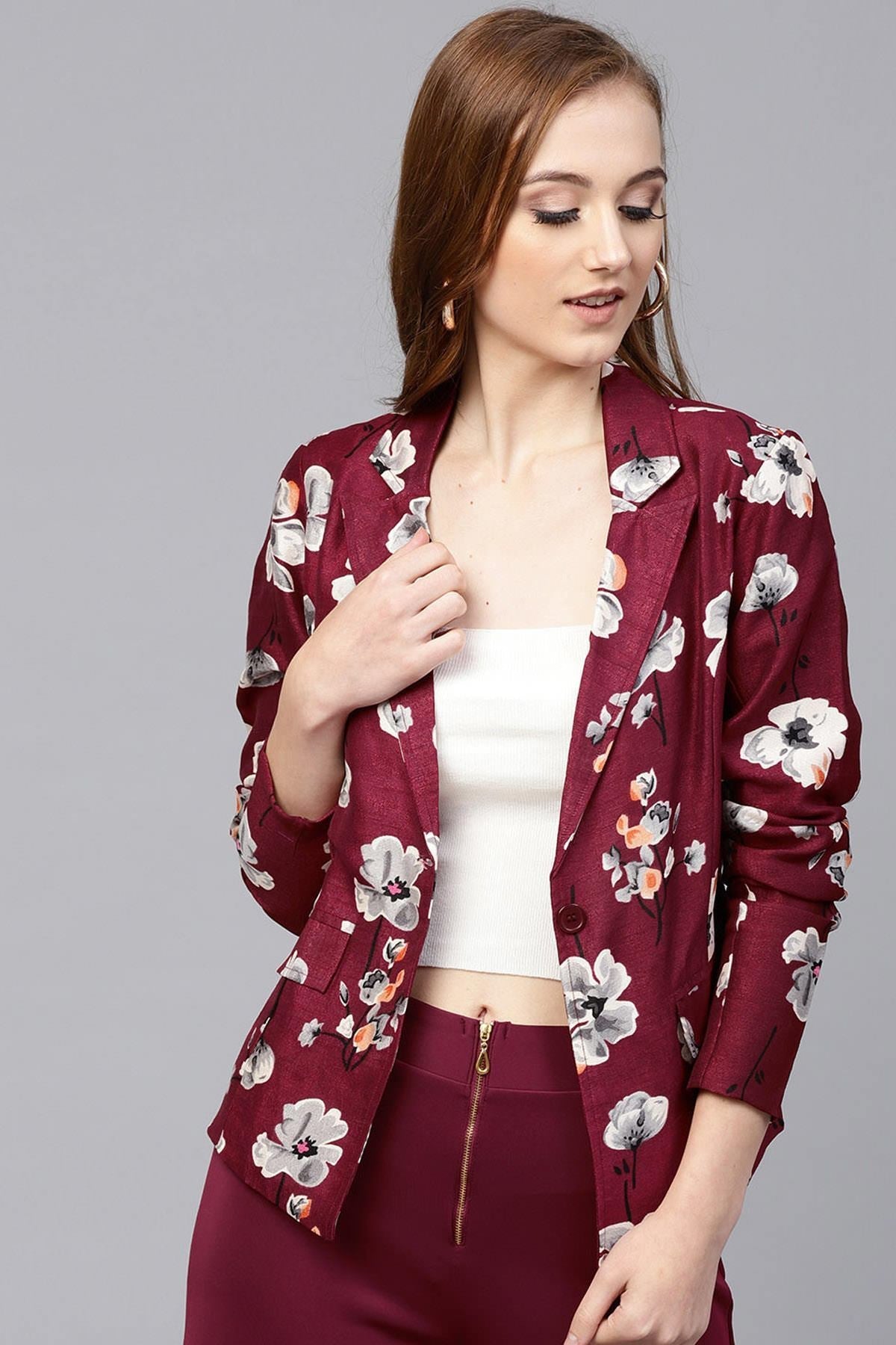 Women's Burgundy Floral Silk Blazer - SASSAFRAS