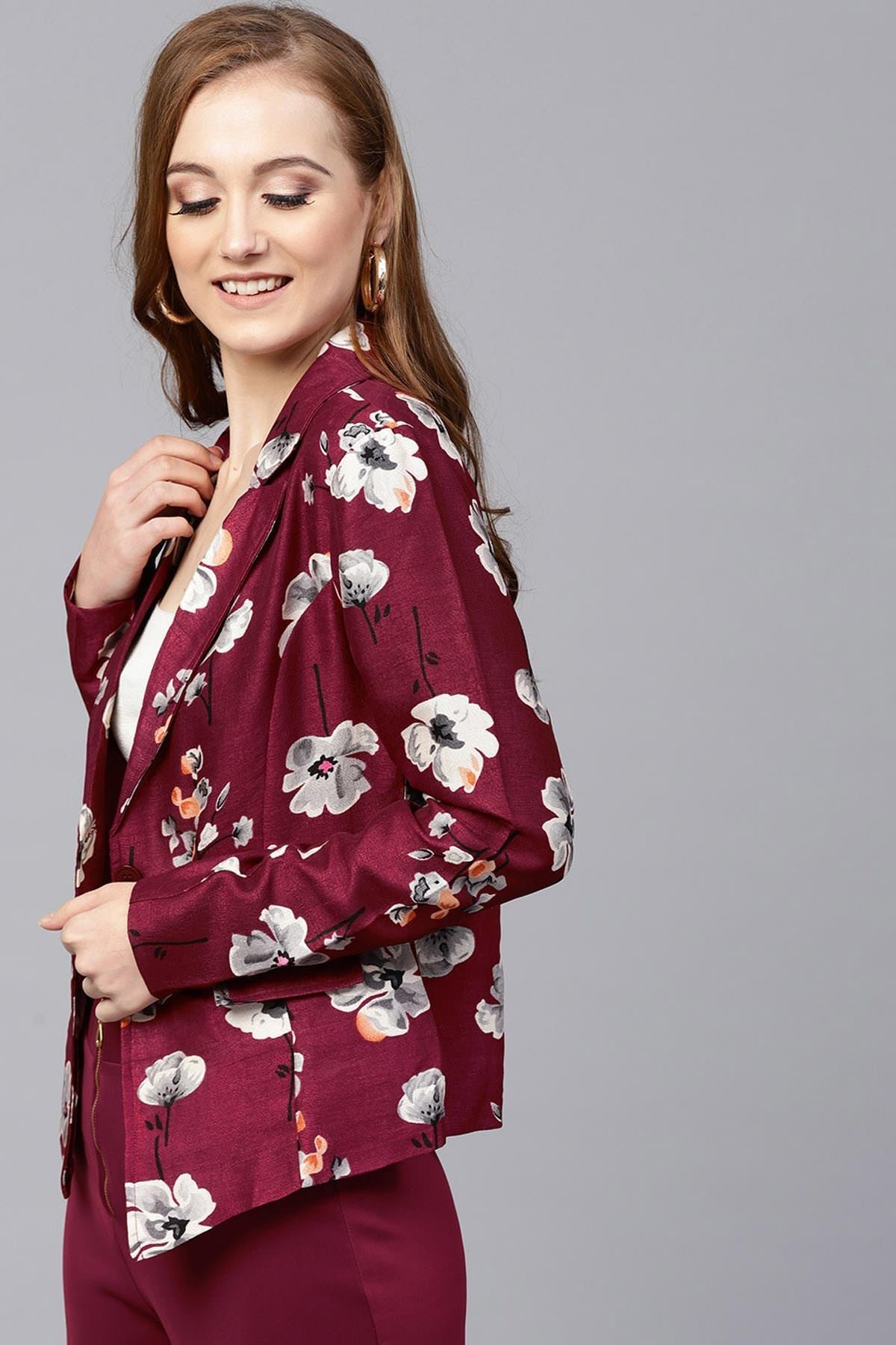 Women's Burgundy Floral Silk Blazer - SASSAFRAS