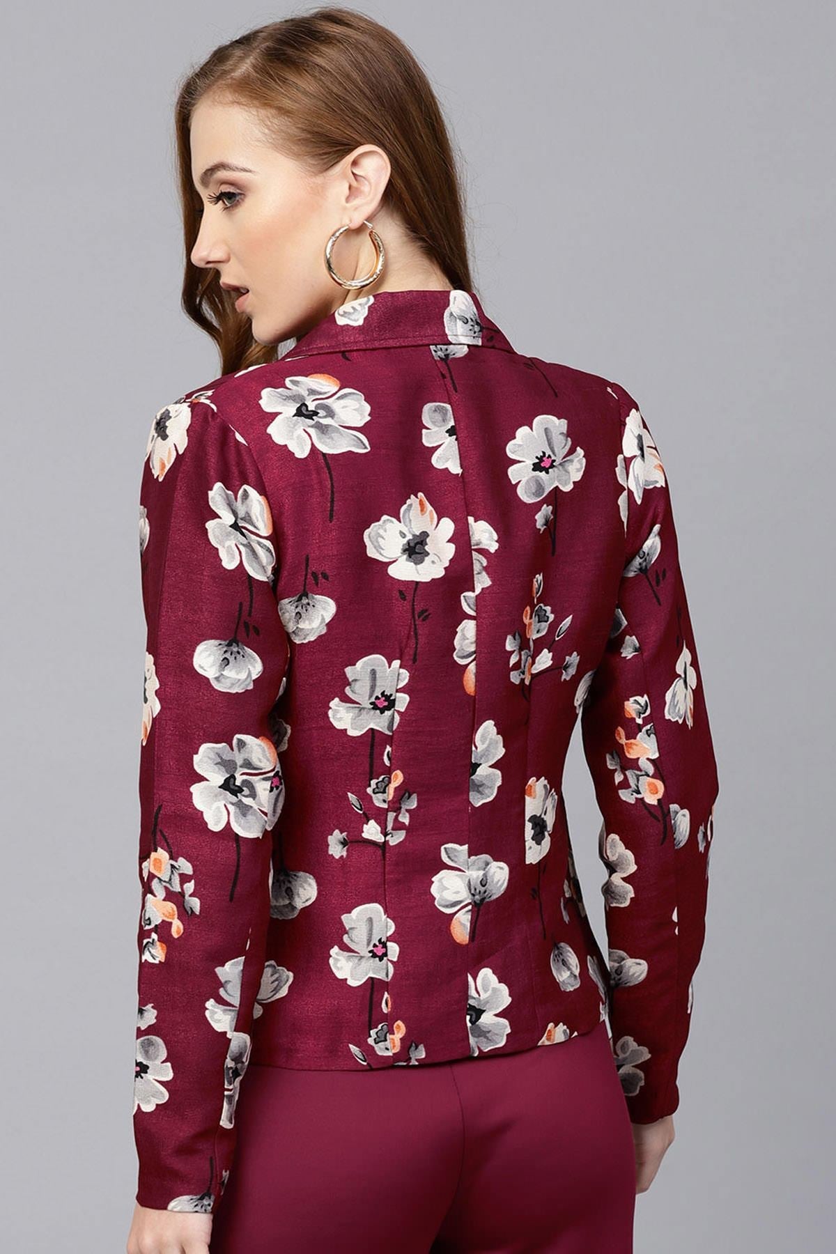 Women's Burgundy Floral Silk Blazer - SASSAFRAS