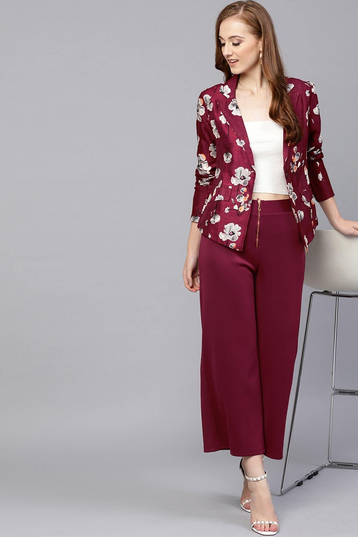 Women's Burgundy Floral Silk Blazer - SASSAFRAS