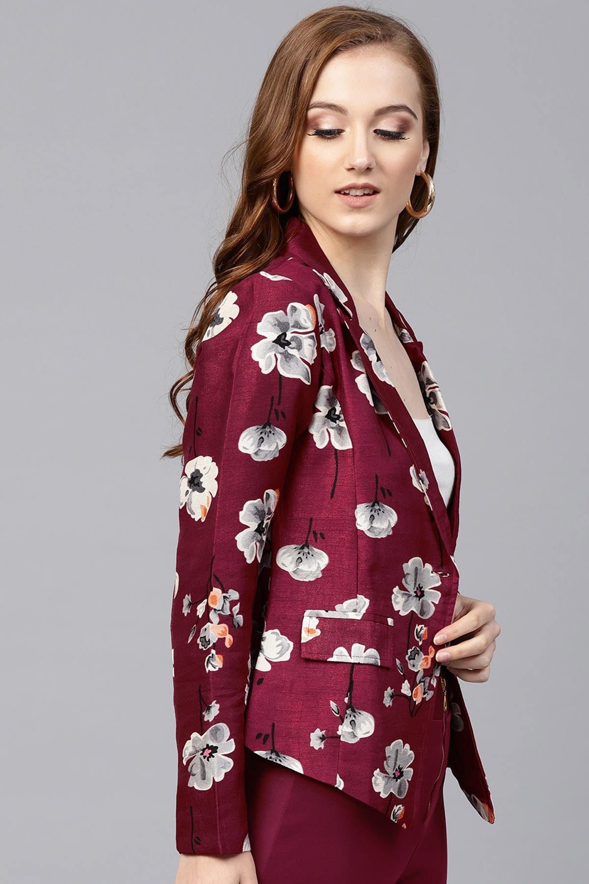 Women's Burgundy Floral Silk Blazer - SASSAFRAS