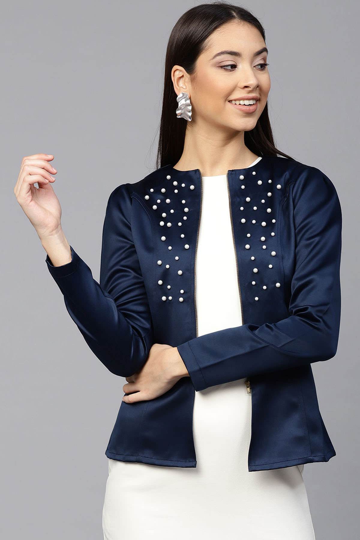 Women's Navy Pearl Studded Jacket - SASSAFRAS